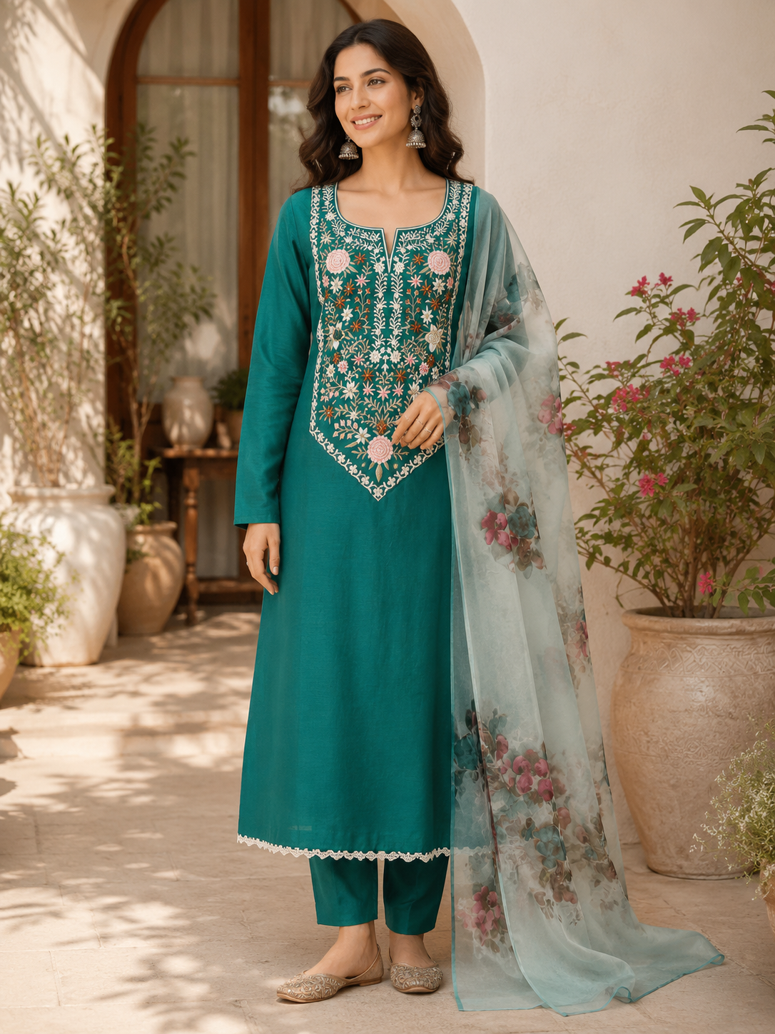 Elegant Teal Crush Lakoji Cotton Embroidered Suit Set with Soft Organza Printed Dupatta