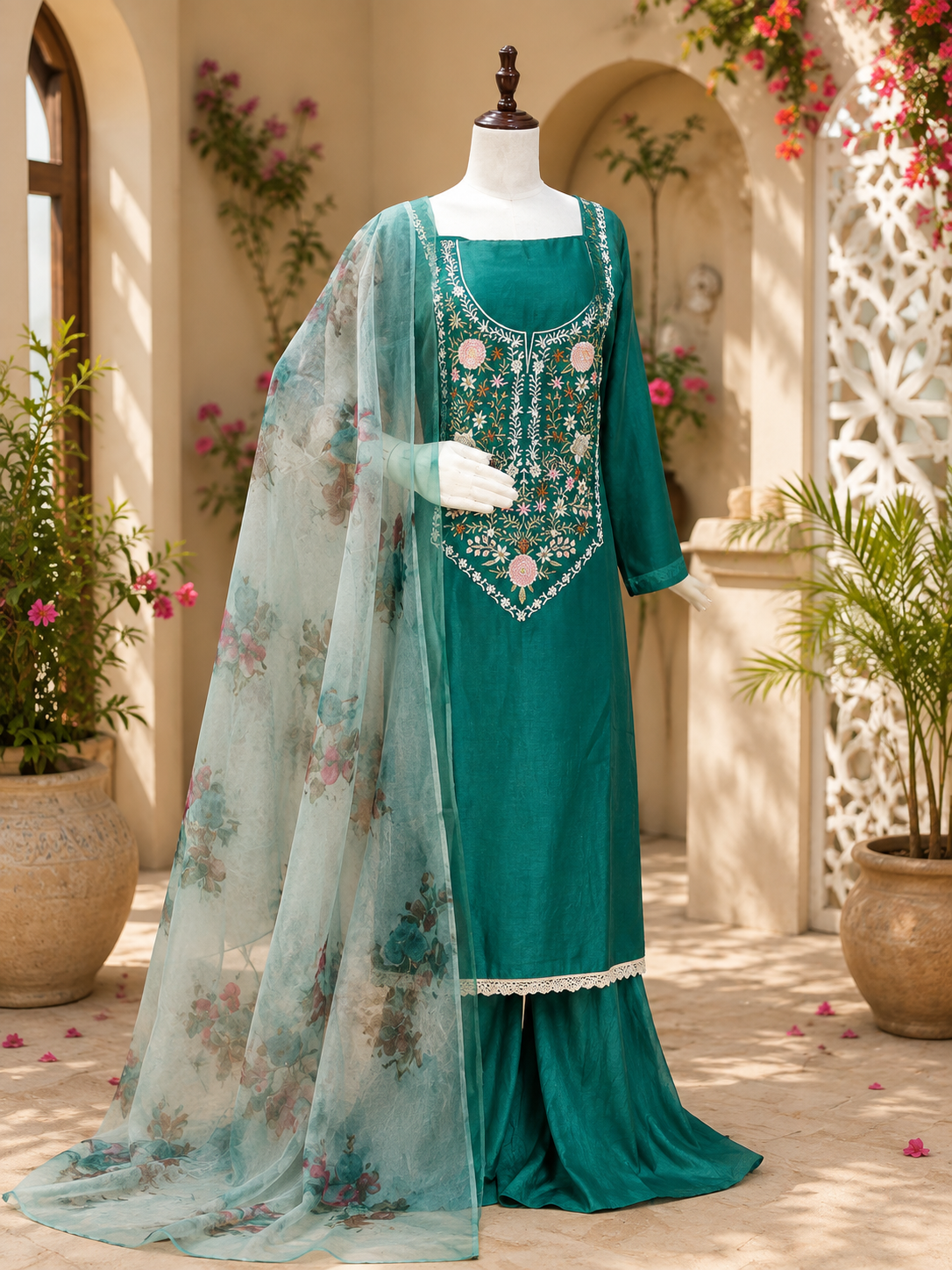 Elegant Teal Crush Lakoji Cotton Embroidered Suit Set with Soft Organza Printed Dupatta