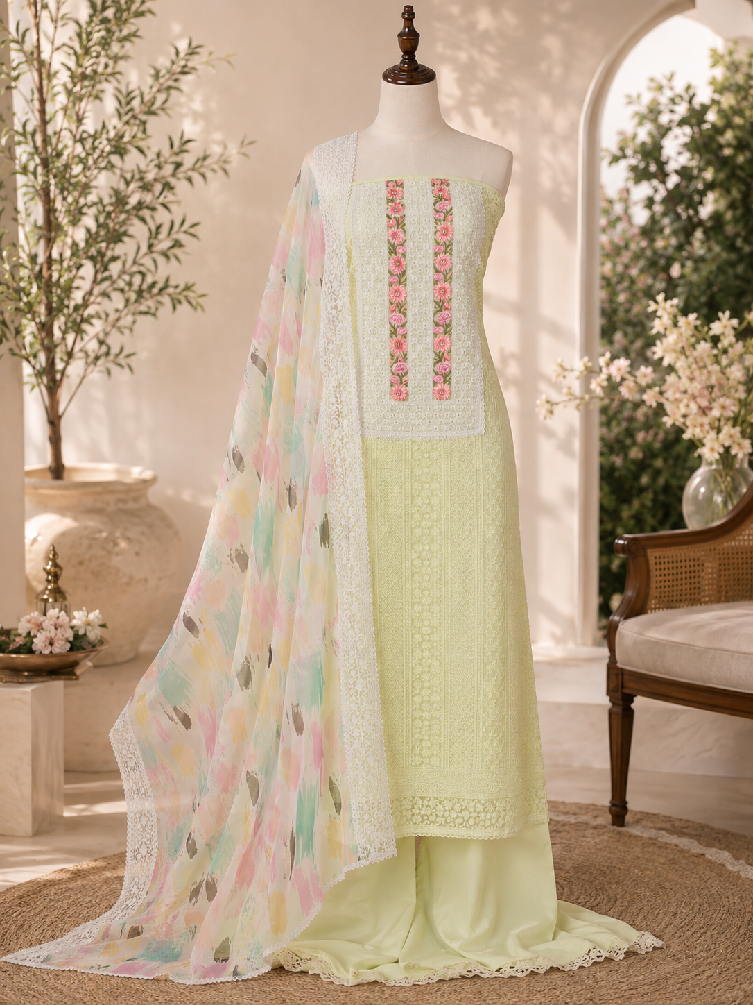 Premium Georgette Lucknowi Work Semi-Stitched Suit Set