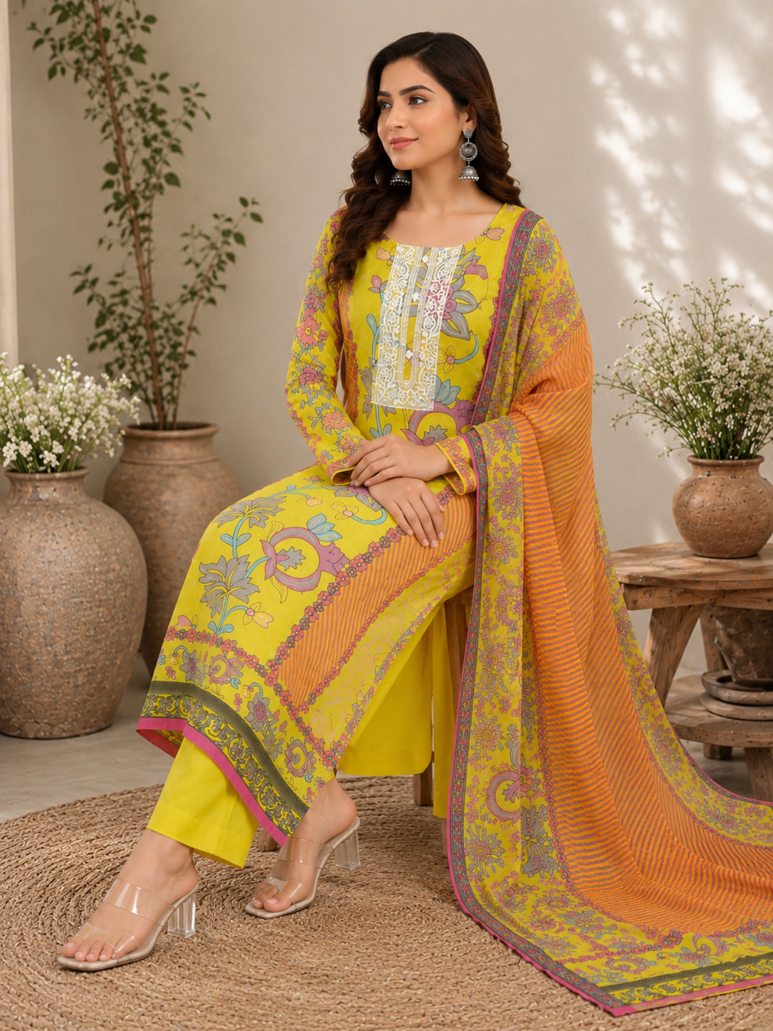 Pure cotton designer print lace work yellow suit