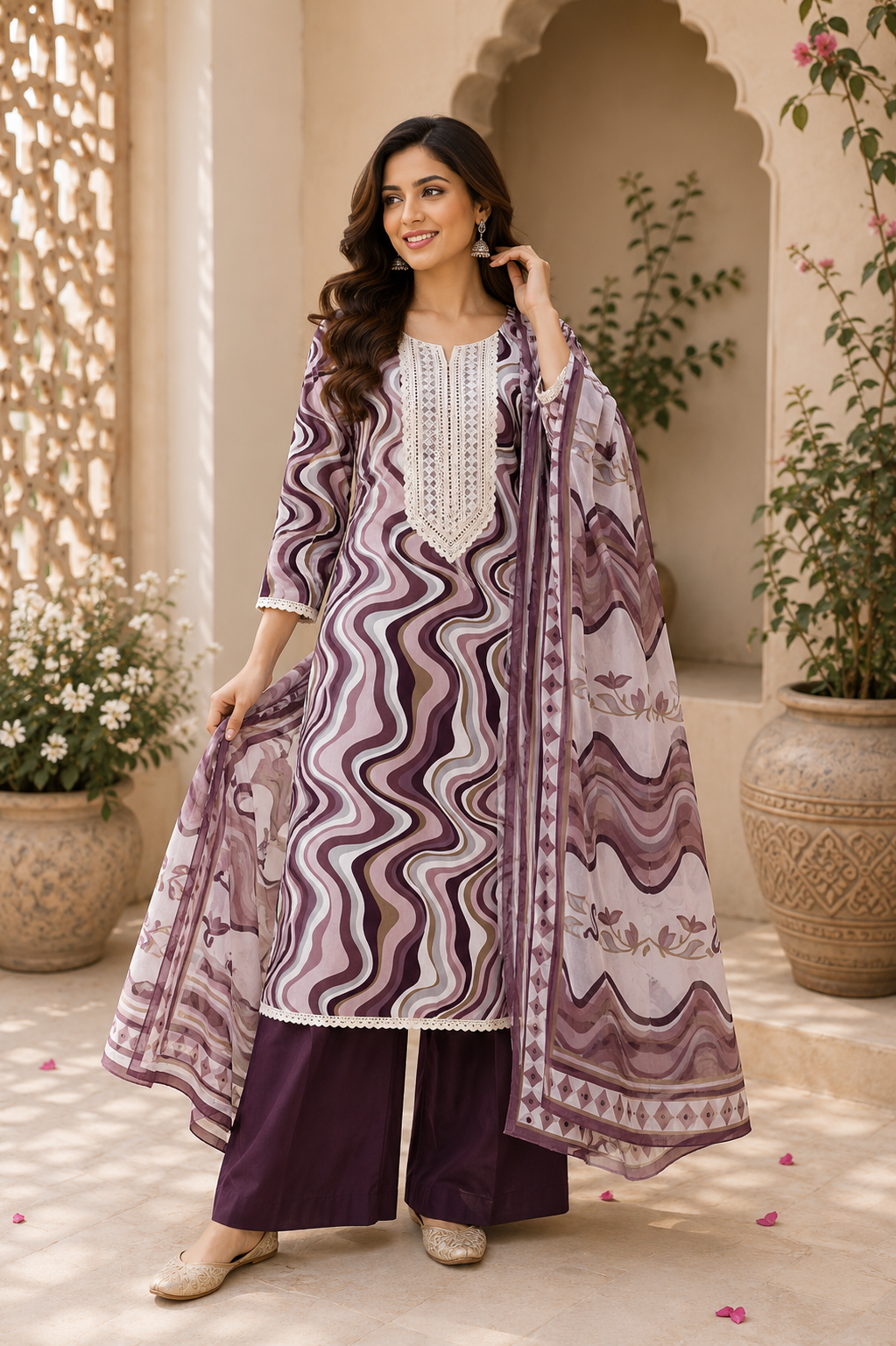 Cotton designer print lace work suit