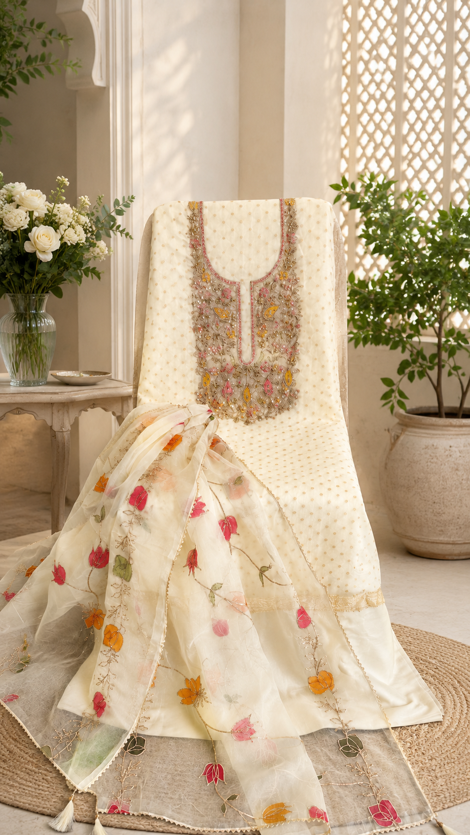 Semi stitched designer modal silk zari weaving suit with designer organza dupatta
