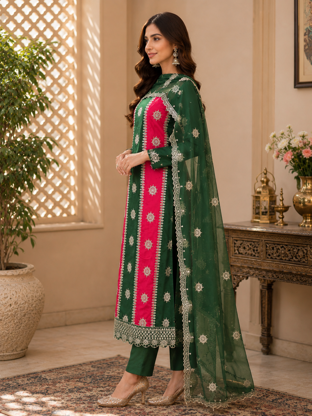 Pure galce cotton party wear heavy embroidered suit