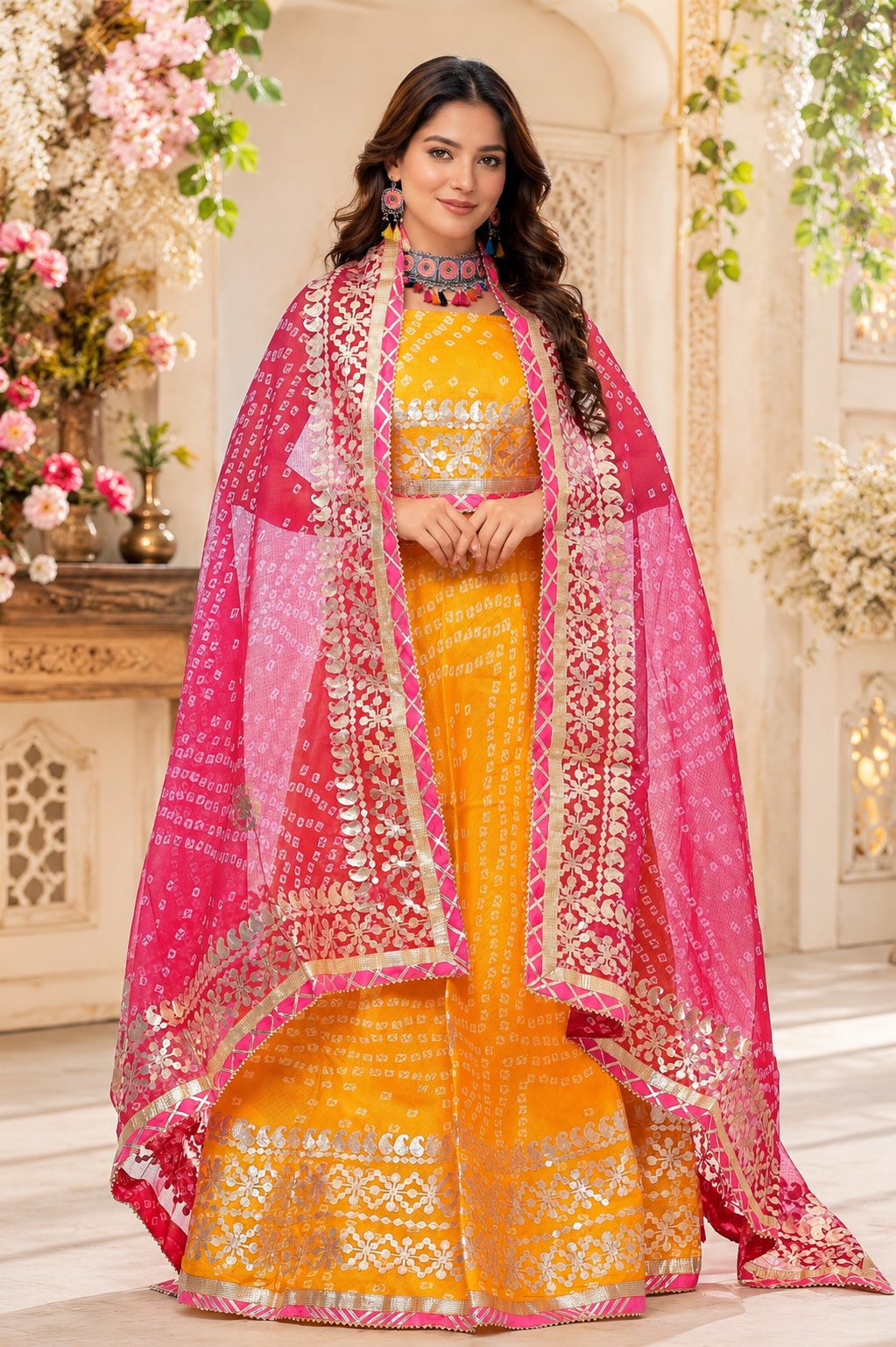 Yellow shade kotta checks jaipuri lehenga.