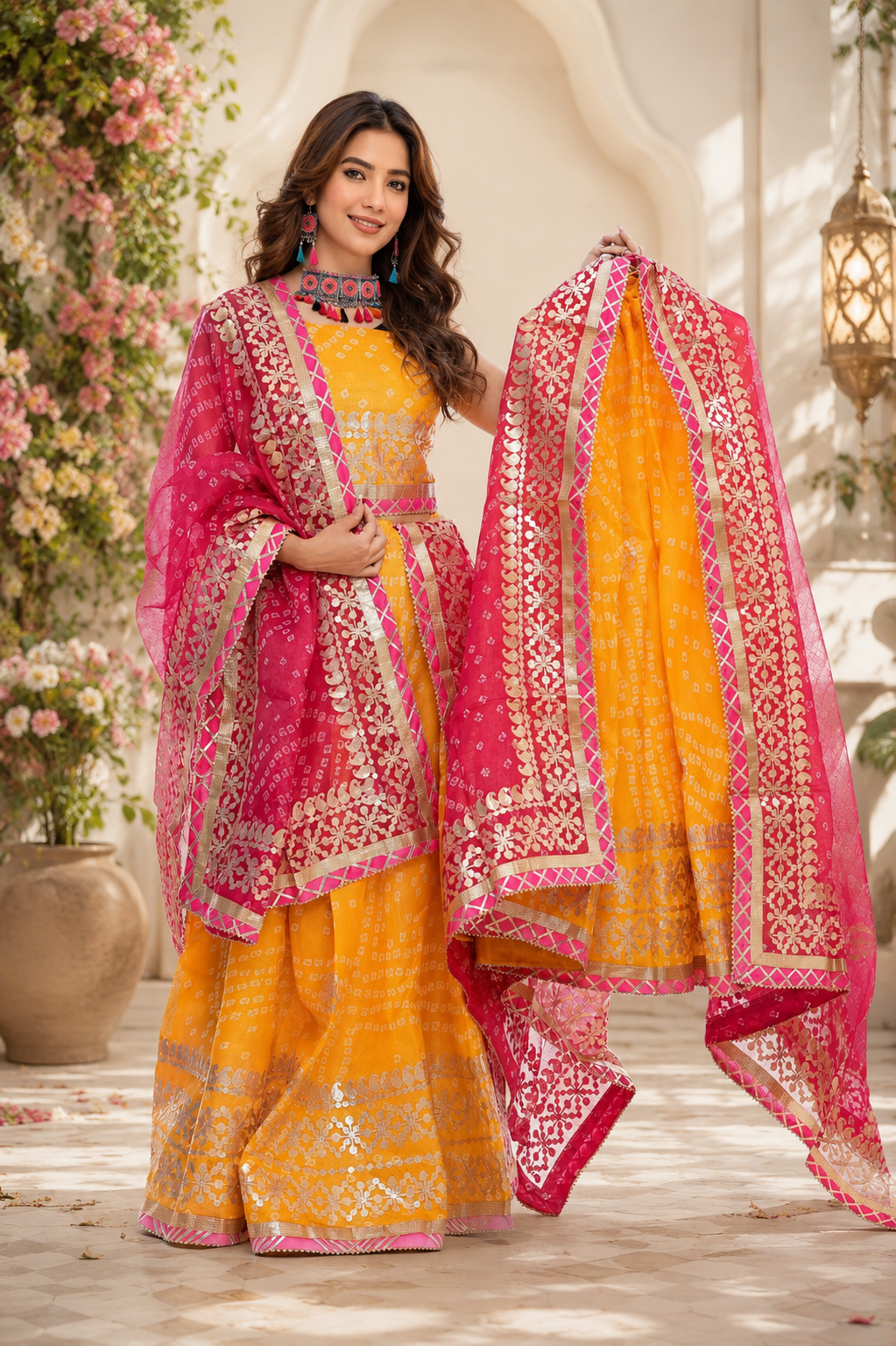 Yellow shade kotta checks jaipuri lehenga.