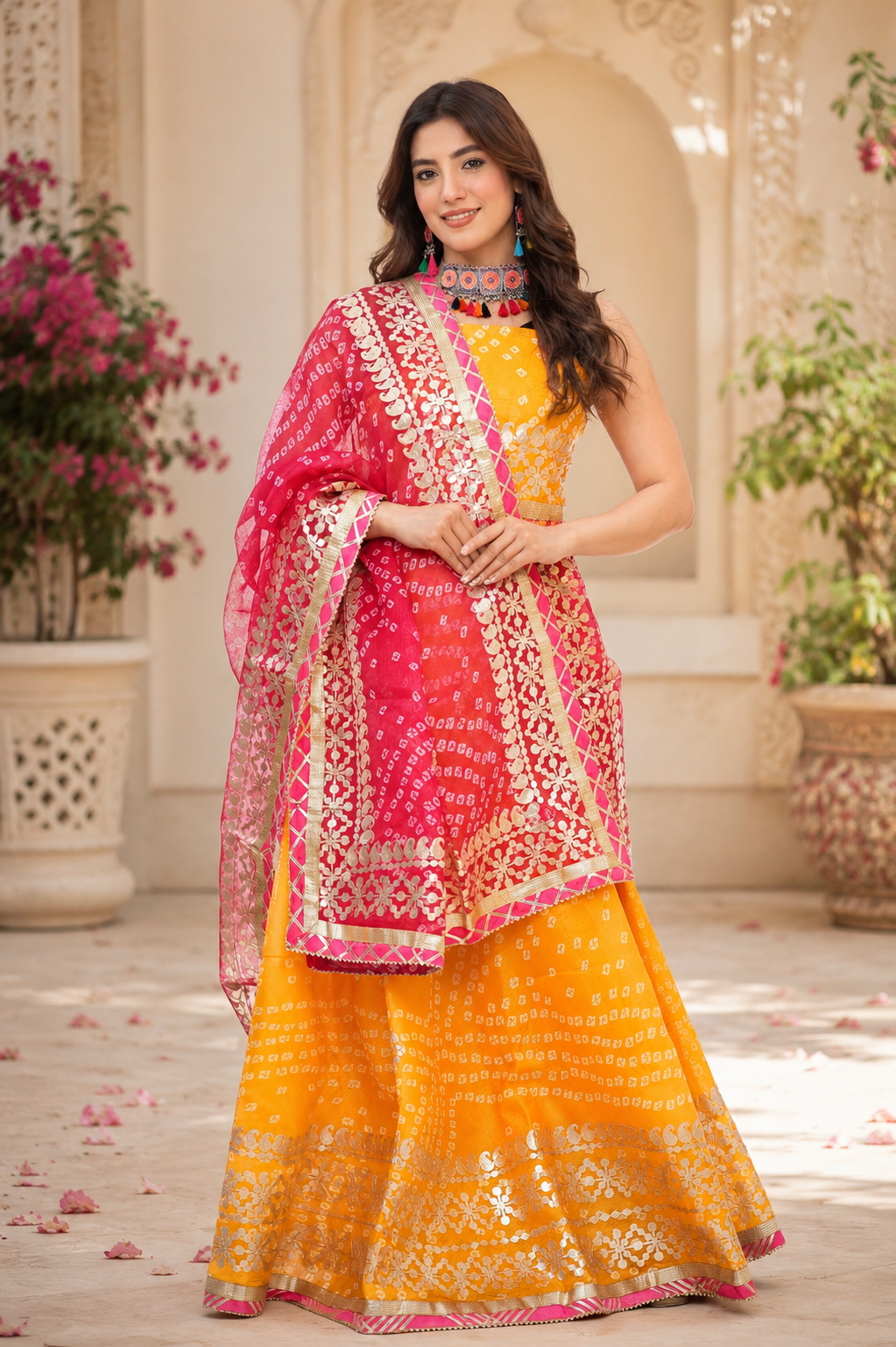 Yellow shade kotta checks jaipuri lehenga.