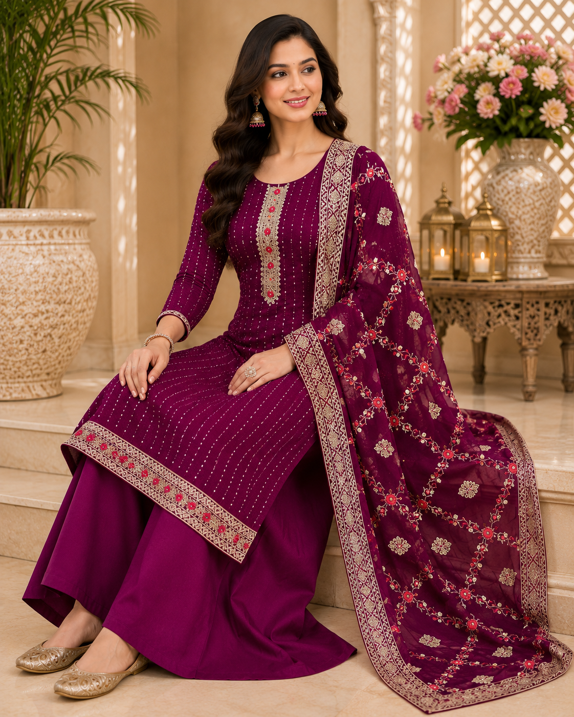Women's Georgette Sequence Work Kurta Set with Fully Embroidered Dupatta
