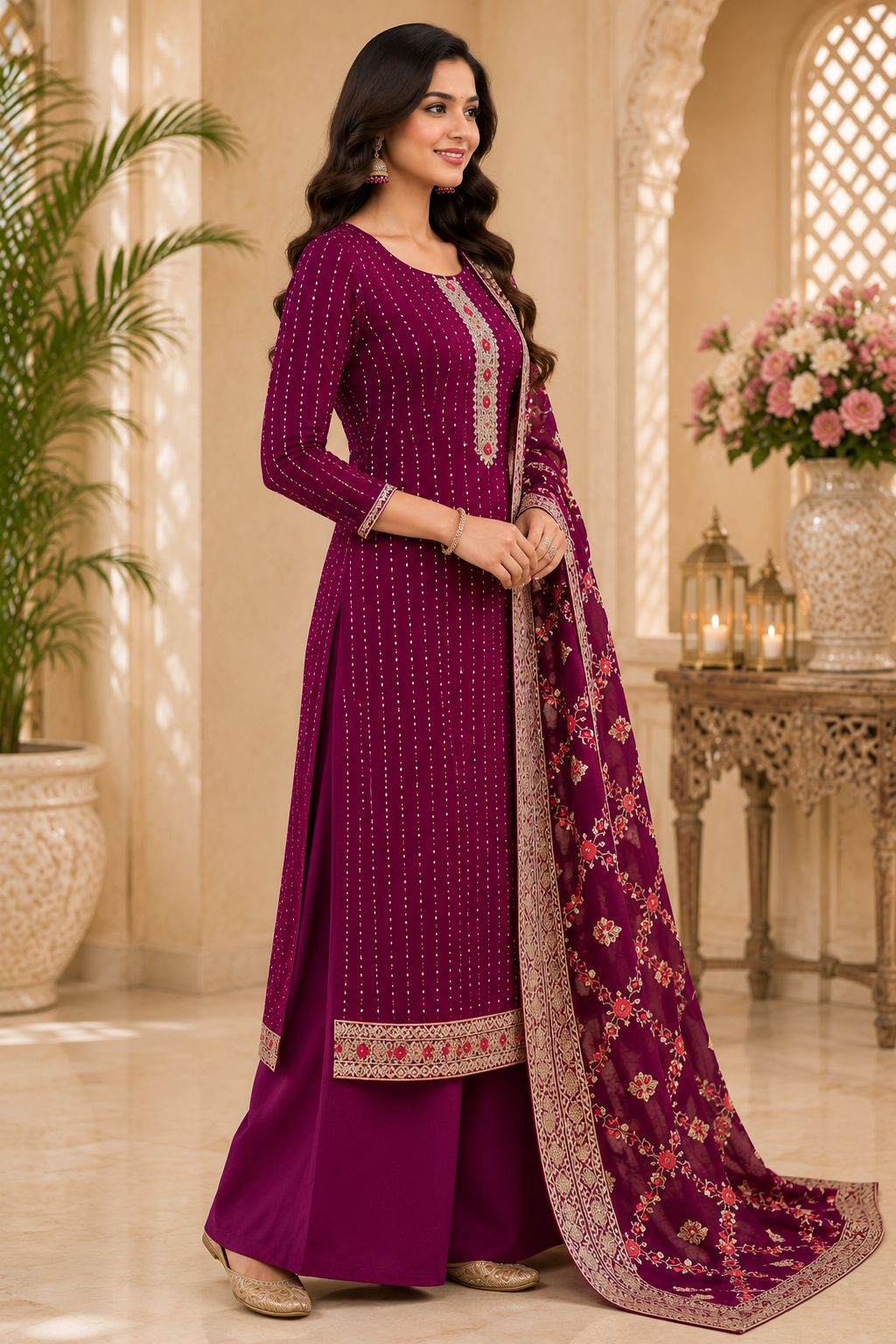Women's Georgette Sequence Work Kurta Set with Fully Embroidered Dupatta