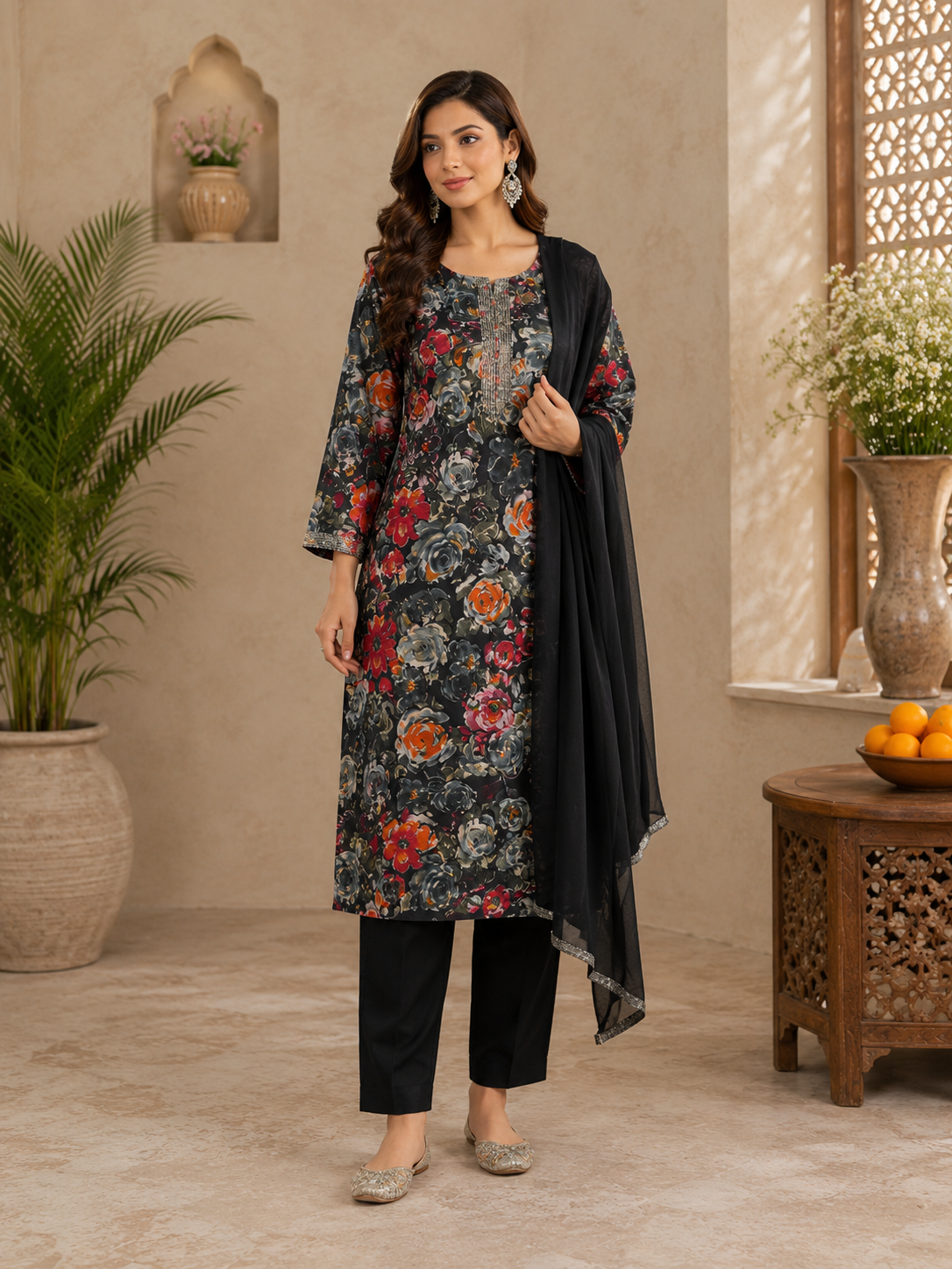 Women's Soft Muslin Printed Suit Set with Chiffon Dupatta | Fully Stitched