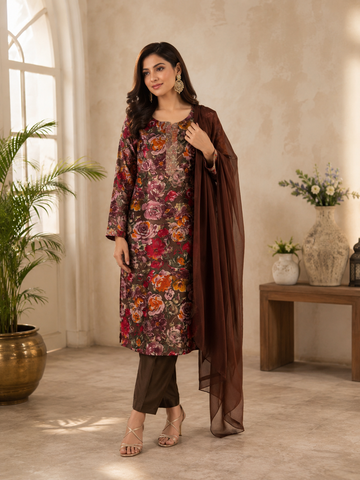 Women's Soft Muslin Printed Suit Set with Chiffon Dupatta | Fully Stitched