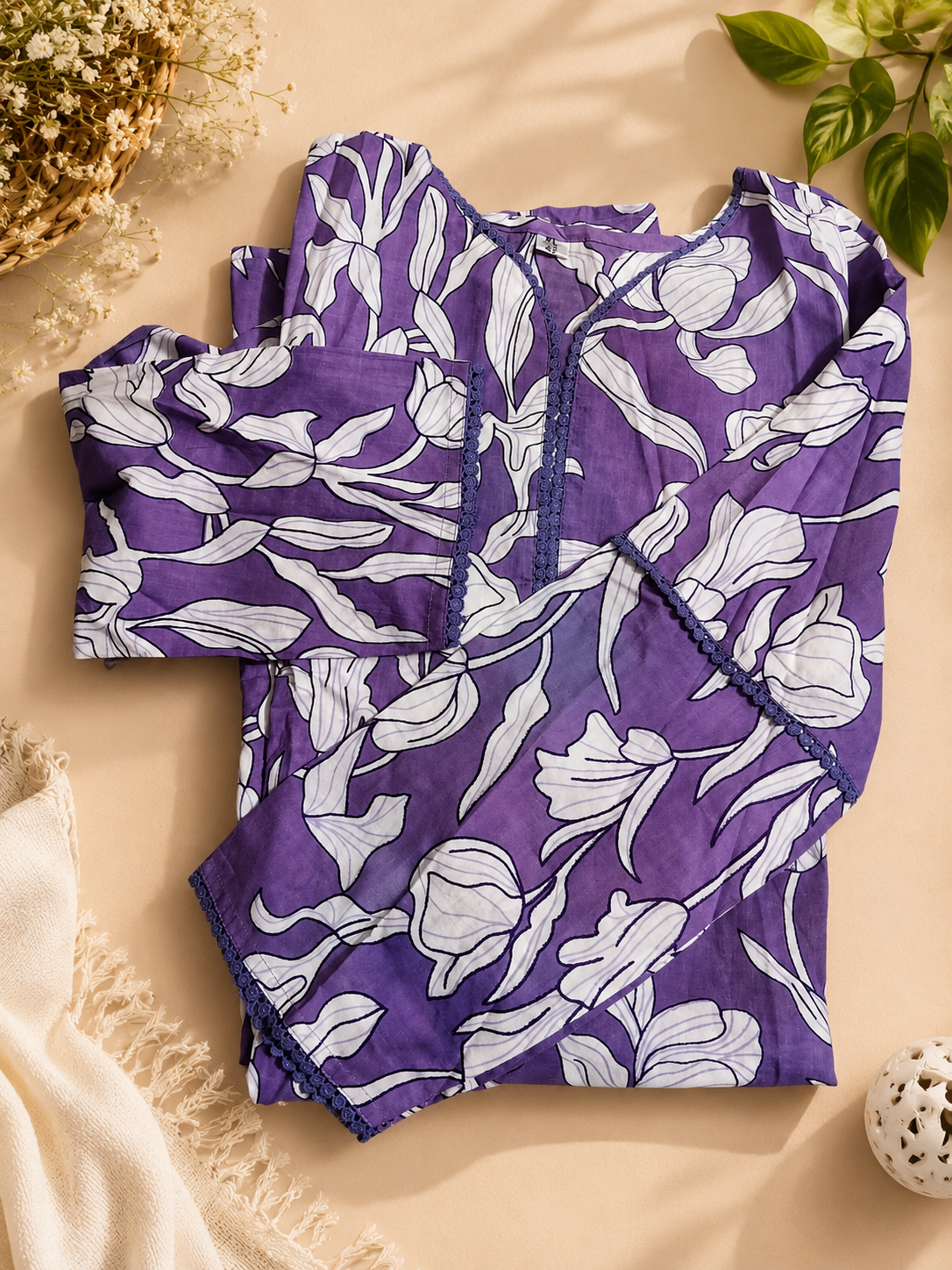 Women's Cotton Printed A-Line Kurta Set | Designer Lace Sleeves | Fully Stitched