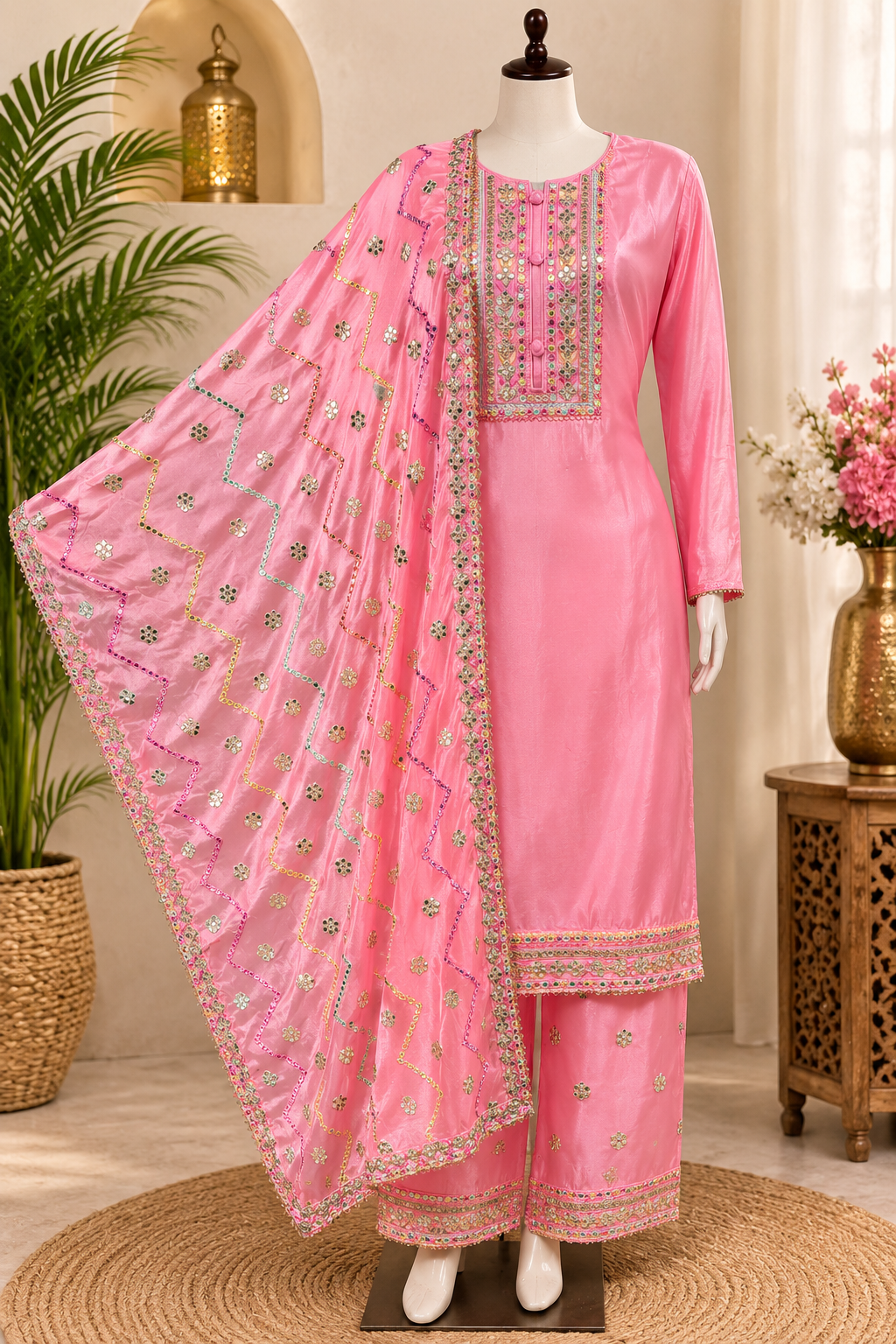 Pure opada silk semistitched suit with stitched plazzo