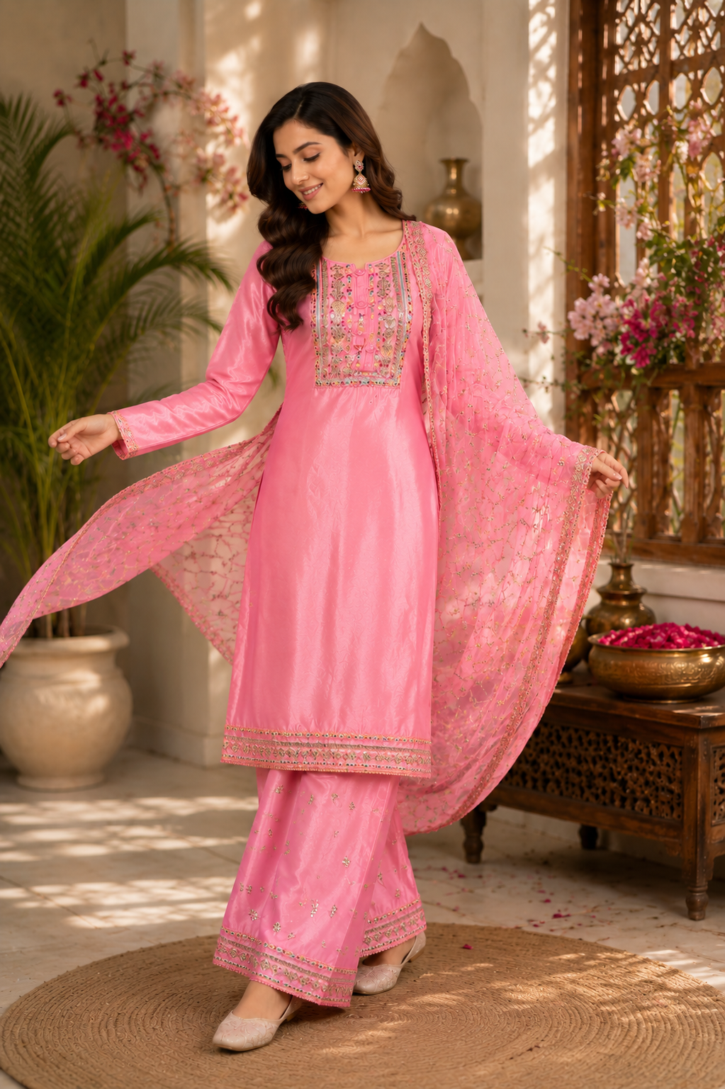 Pure opada silk semistitched suit with stitched plazzo