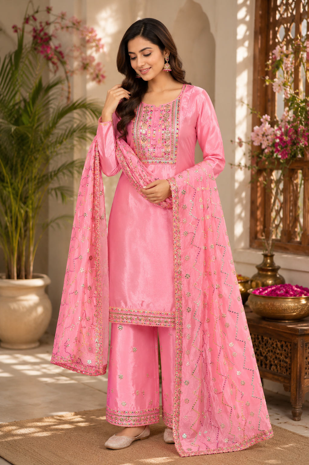 Pure opada silk semistitched suit with stitched plazzo
