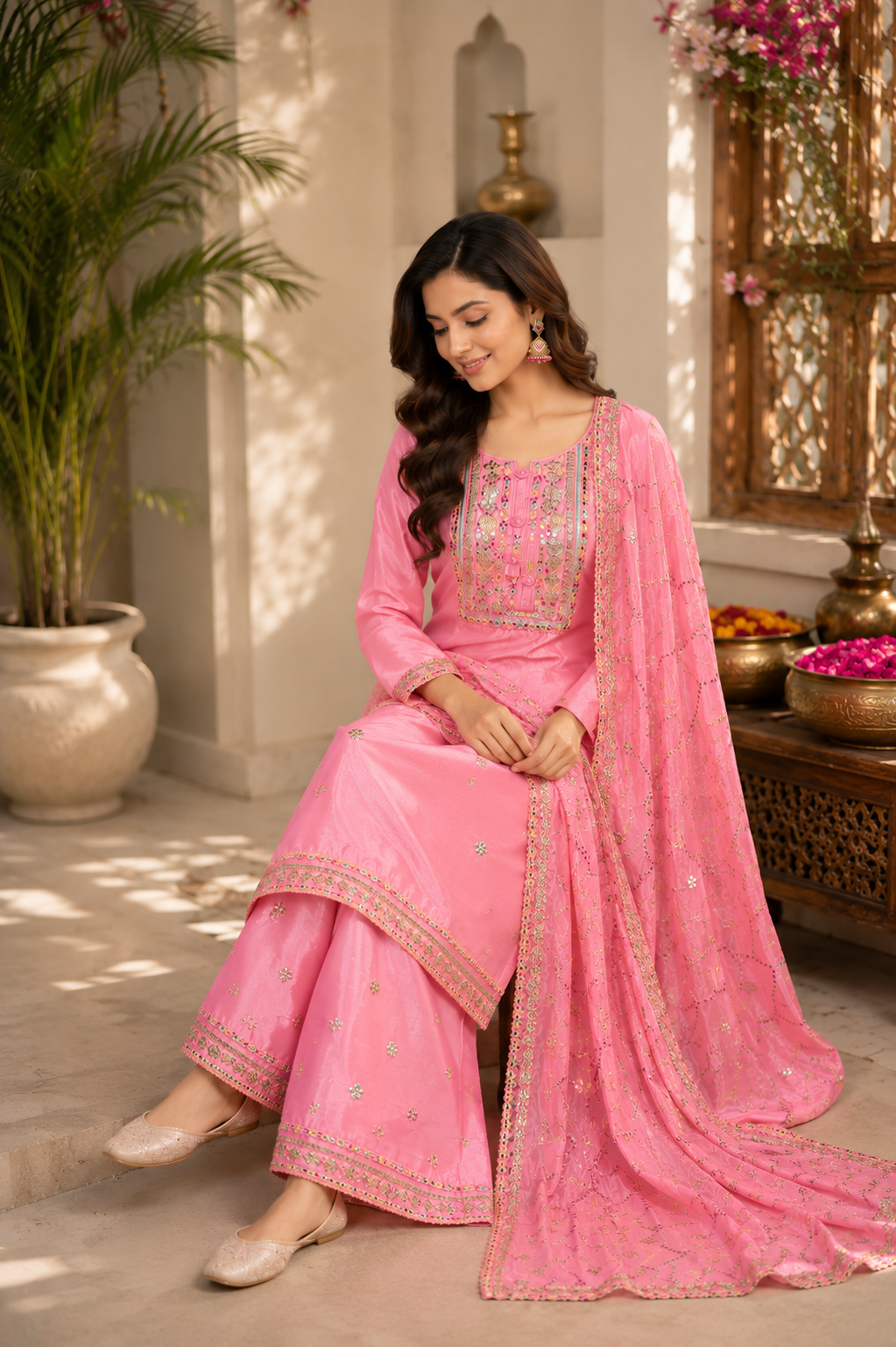 Pure opada silk semistitched suit with stitched plazzo