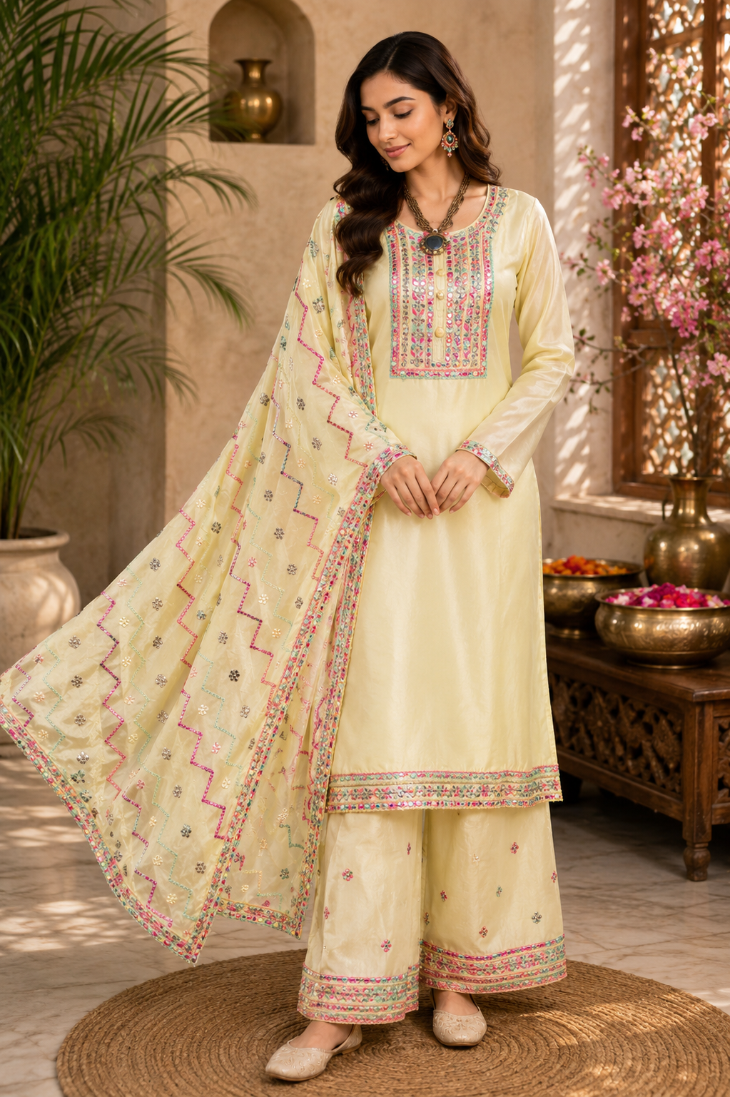 Pure opada silk semistitched suit with stitched plazzo
