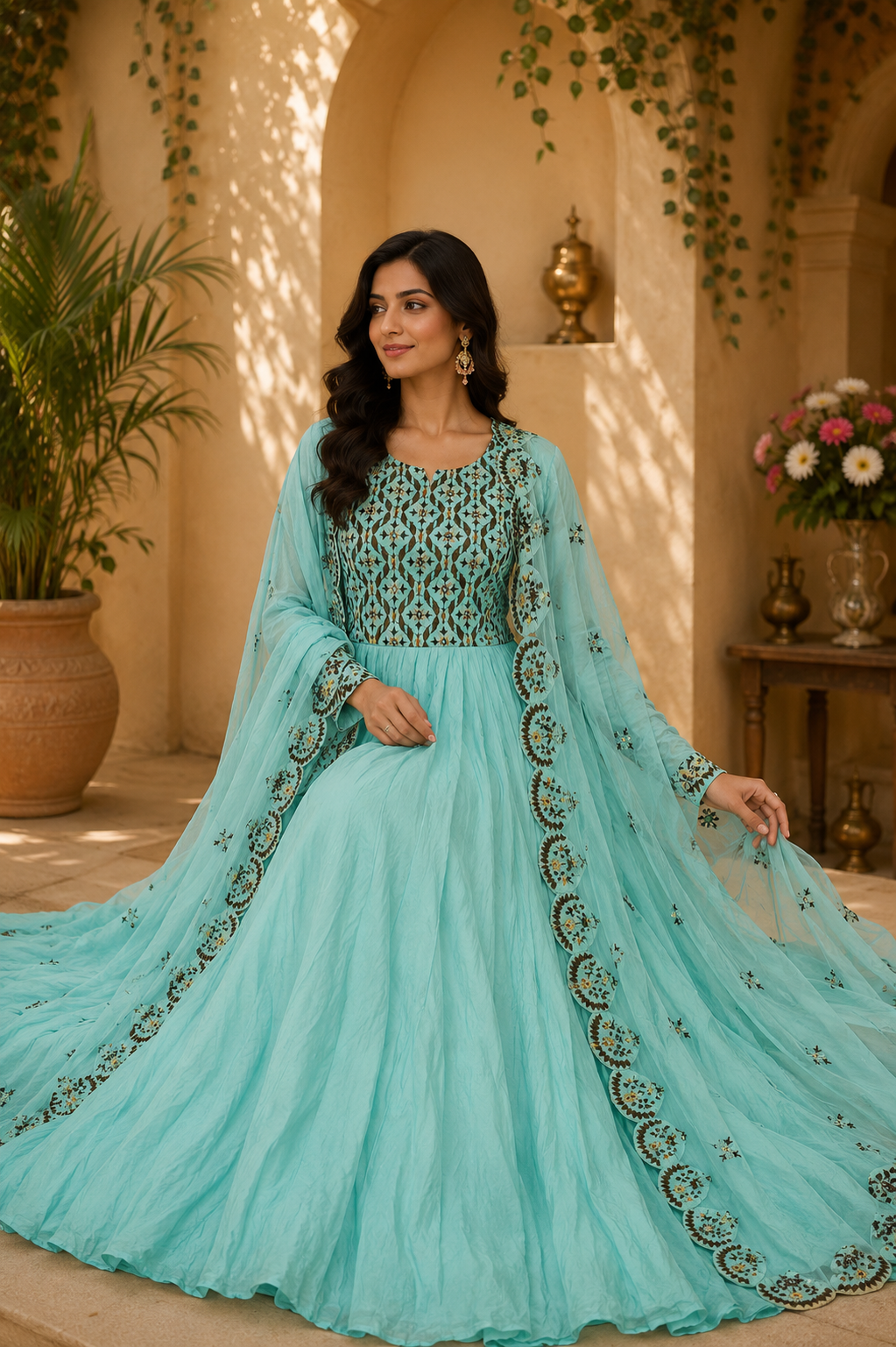 Muslin floor length designer dress with fancy dupatta