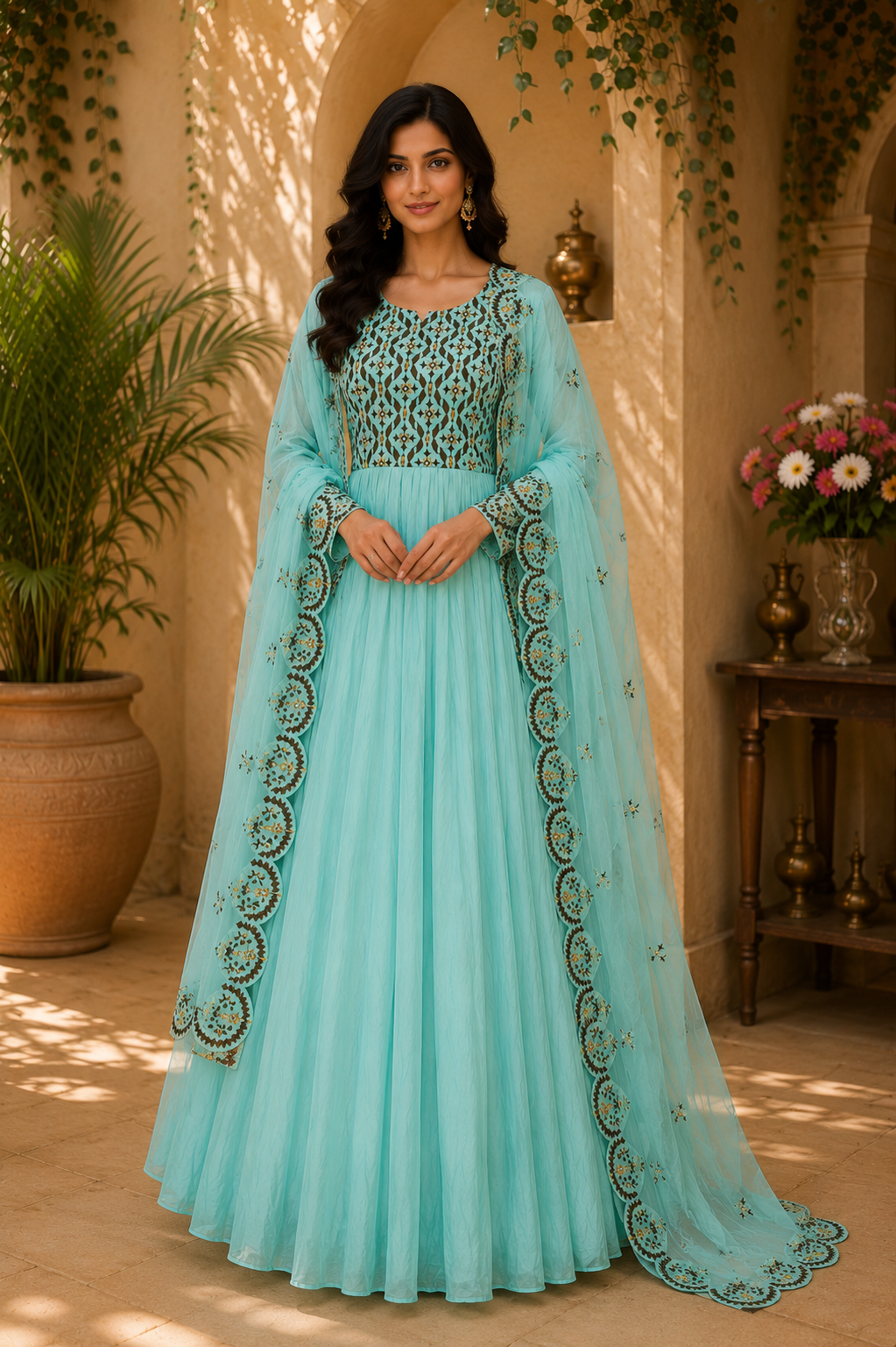 Muslin floor length designer dress with fancy dupatta