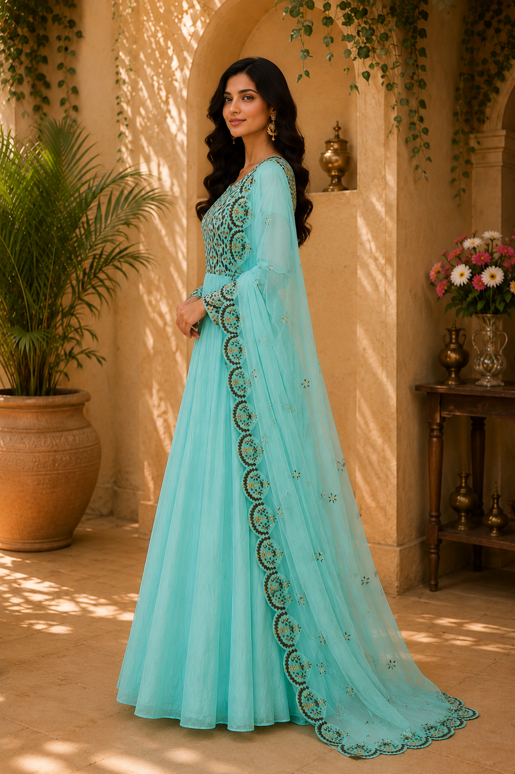 Muslin floor length designer dress with fancy dupatta