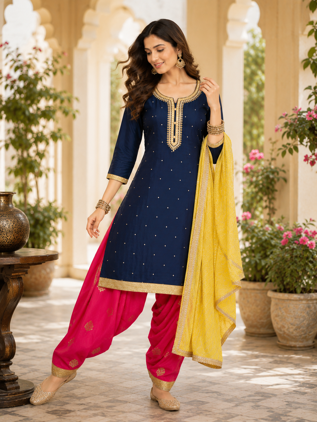Blue Embroidered  Suit with Pink Dupatta Women's Indian Ethnic Wedding Wear