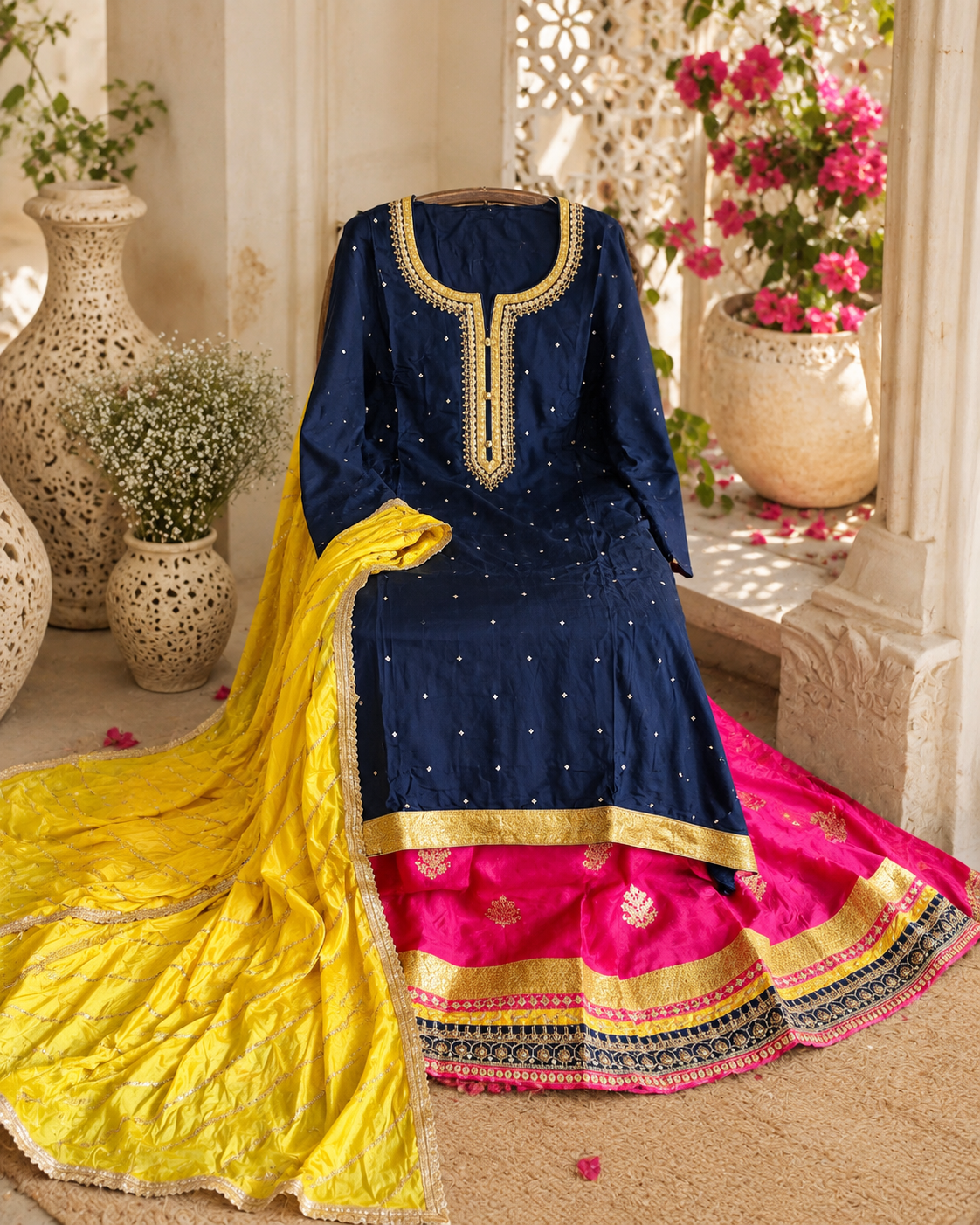 Blue Embroidered  Suit with Pink Dupatta Women's Indian Ethnic Wedding Wear