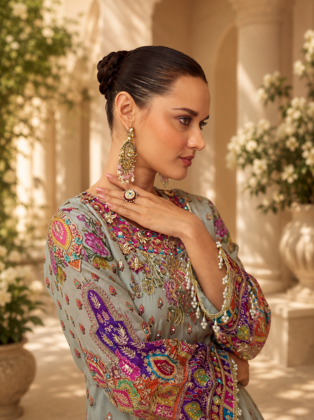 Embroidered Crepe Suit Set with Gotta Work, Pearl Sleeves, Festive Wear
