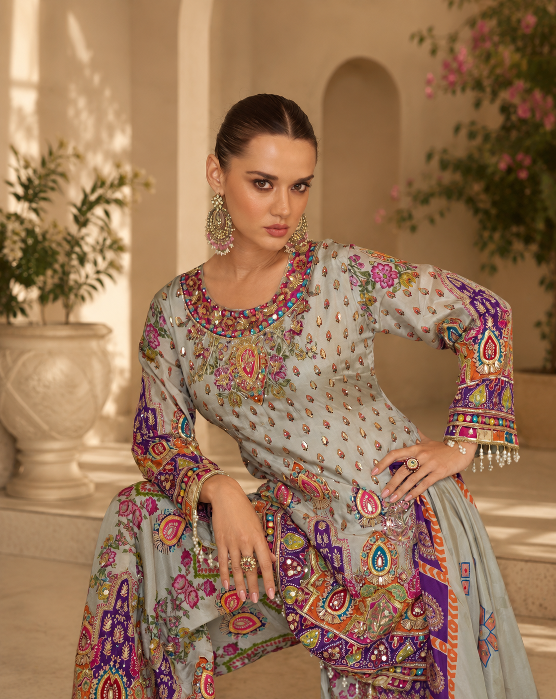 Embroidered Crepe Suit Set with Gotta Work, Pearl Sleeves, Festive Wear