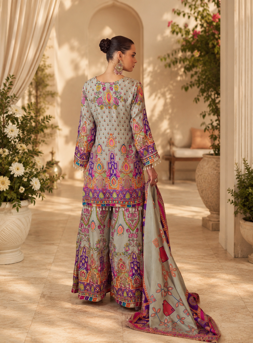 Embroidered Crepe Suit Set with Gotta Work, Pearl Sleeves, Festive Wear