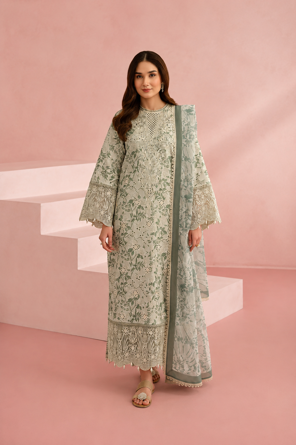 Pakistani style designer embroidered suit with work patch
