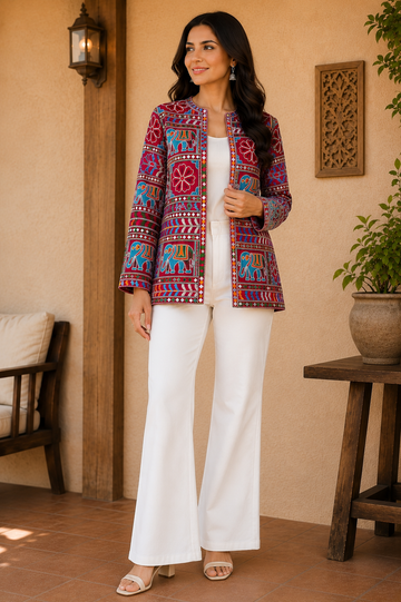 Premium Embroidered Mirror Work Ethnic Jacket | Boho Coat for Women | Indo-Western Wear