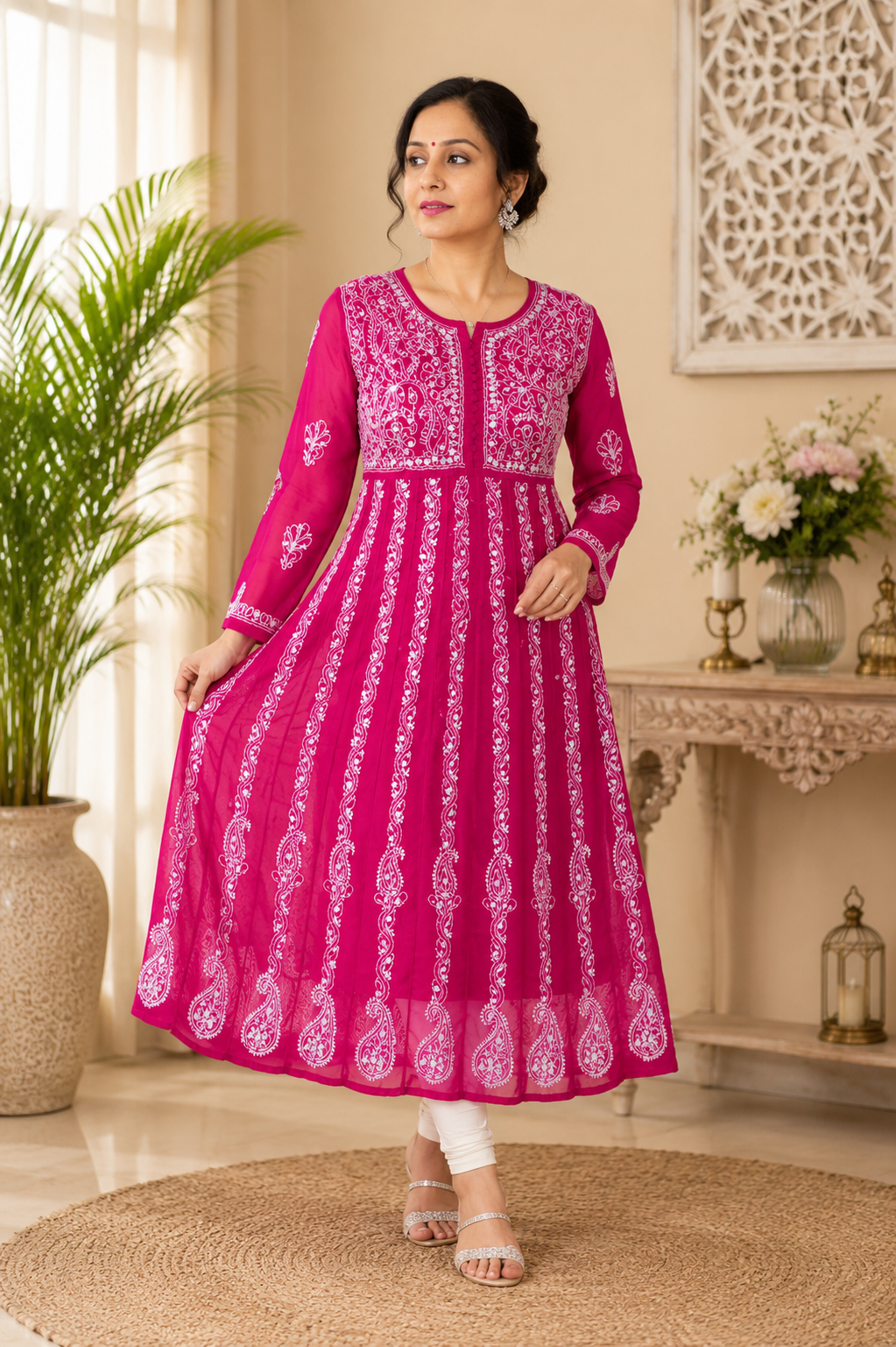Anarkali lucknowi work georgette kurti with separate cotton inner