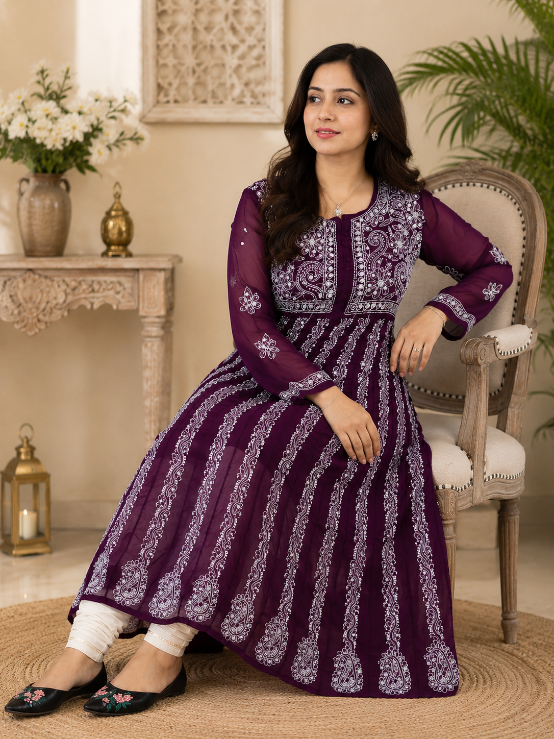 Anarkali lucknowi work georgette kurti with separate cotton inner