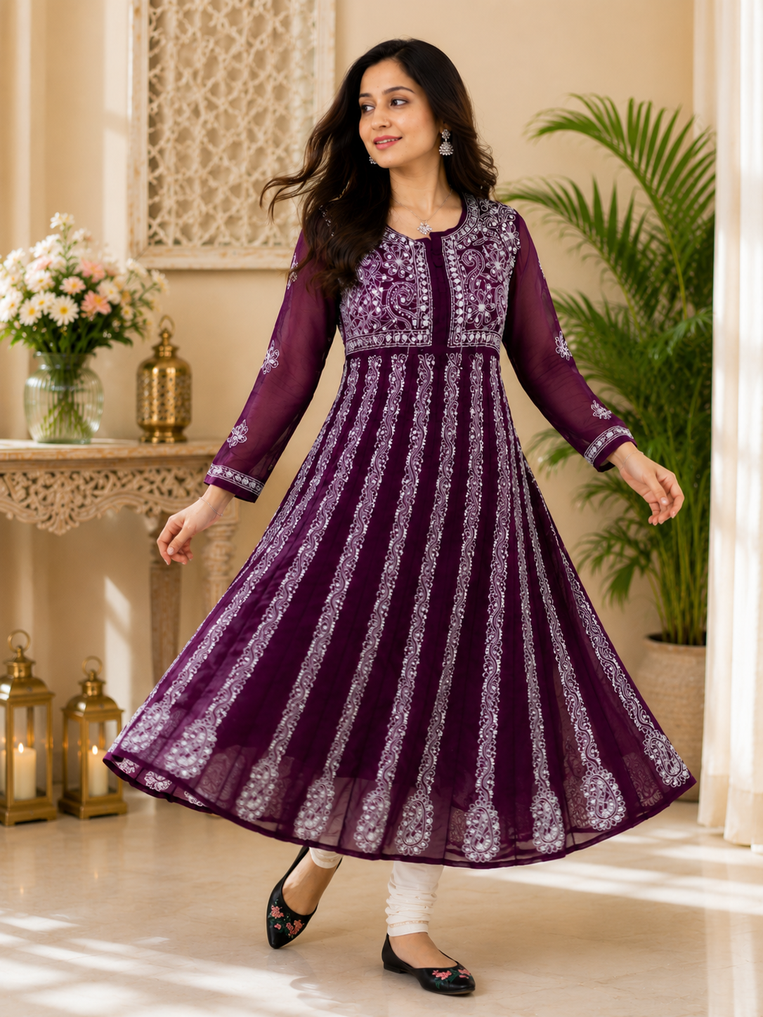 Anarkali lucknowi work georgette kurti with separate cotton inner
