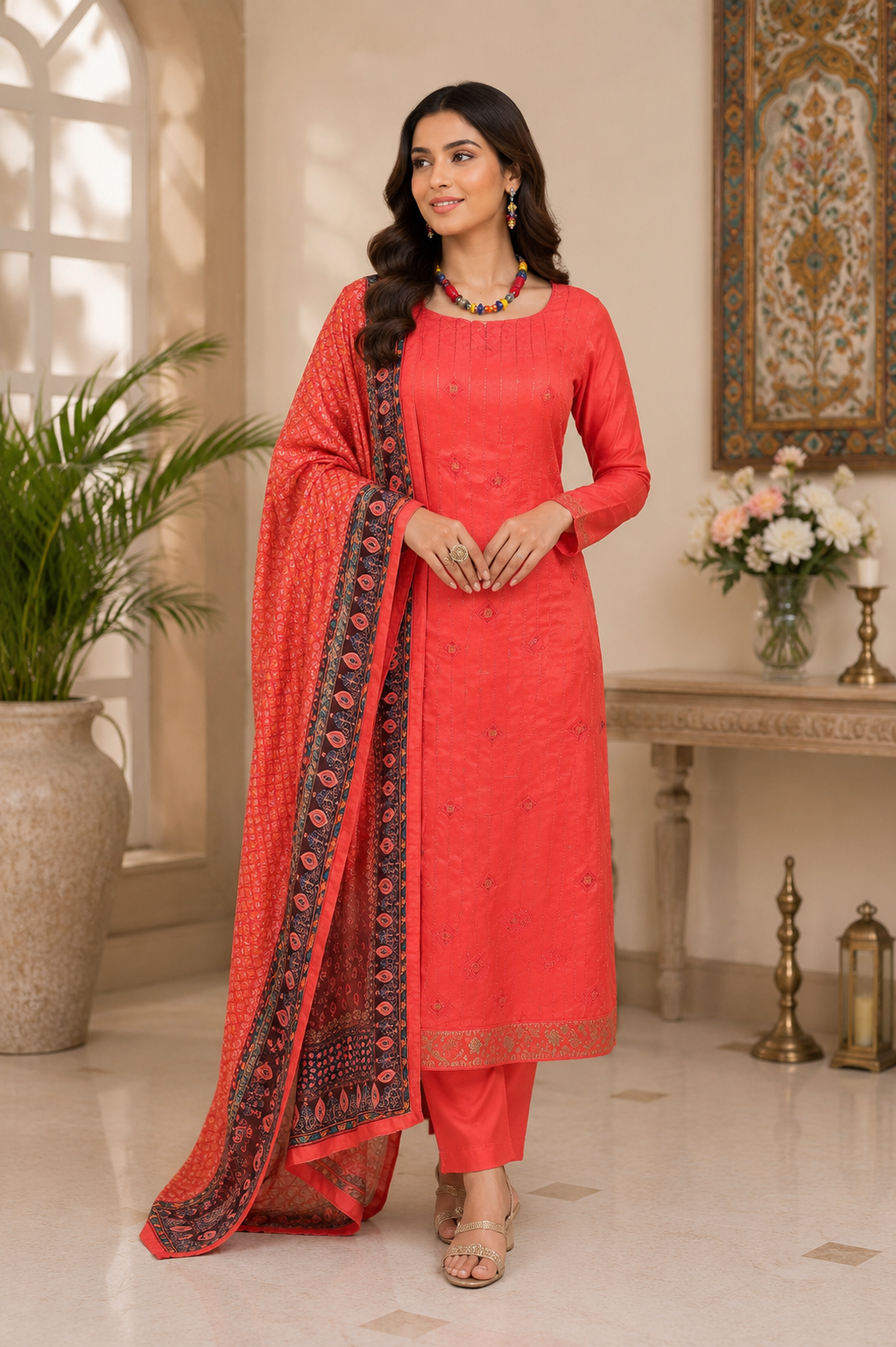 Muslin silk self embroidered designer classy suit