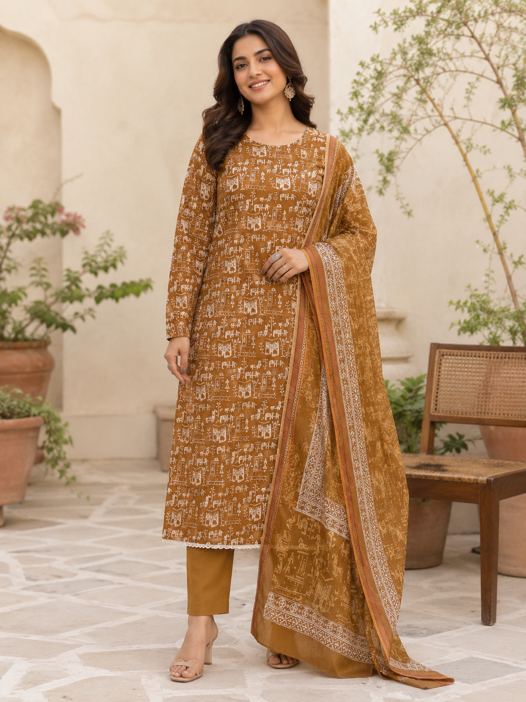 Trending worli design pure cotton border suit with cotton dupatta