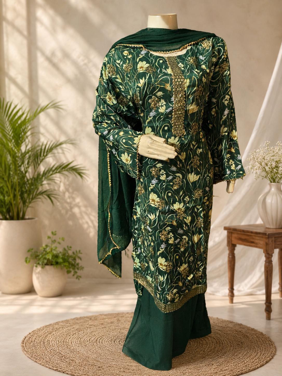Designer muslin semi stitched classy self weaving embroidered suit
