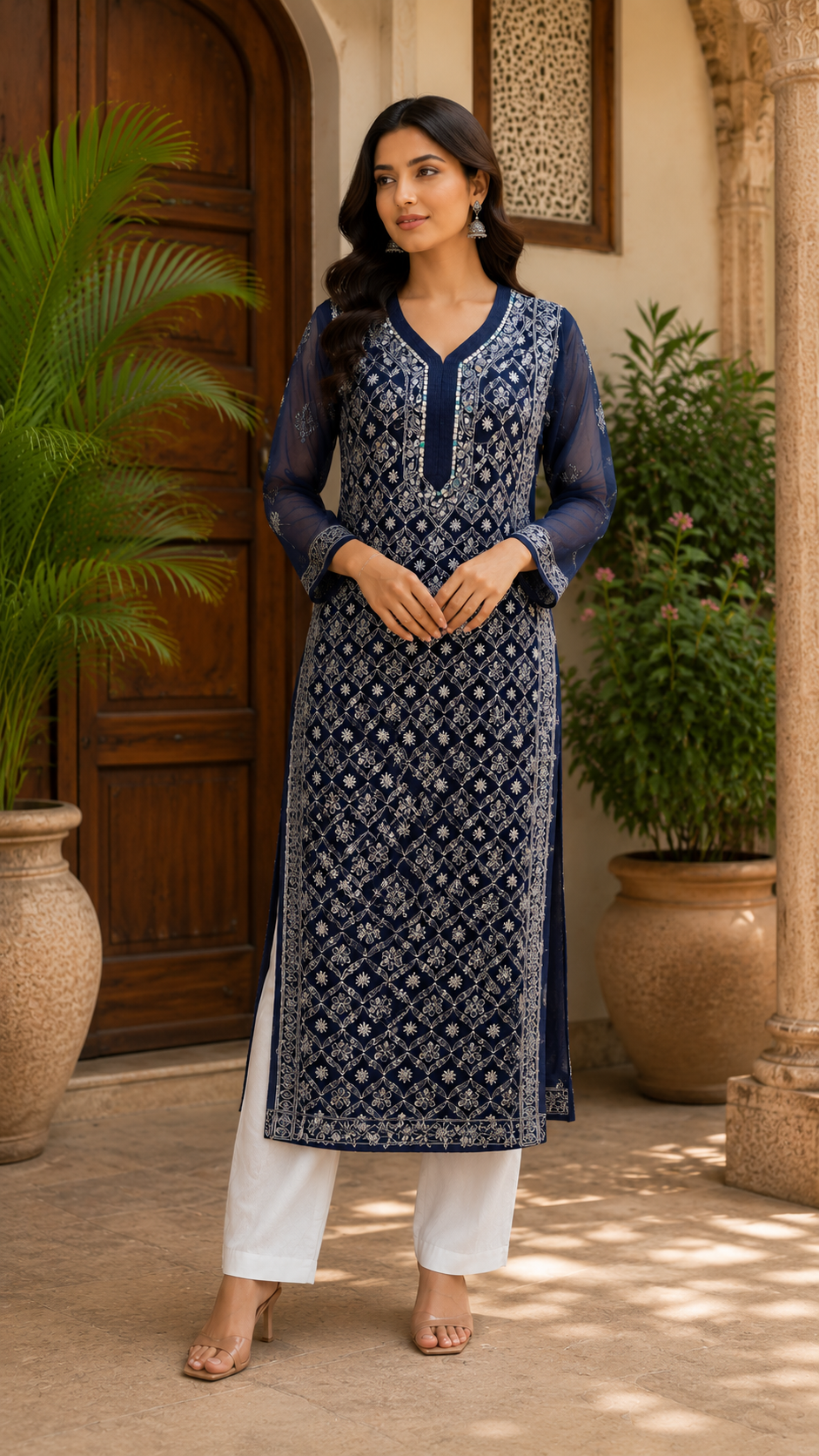 Lucknowi work georgette kurti with mirror work
