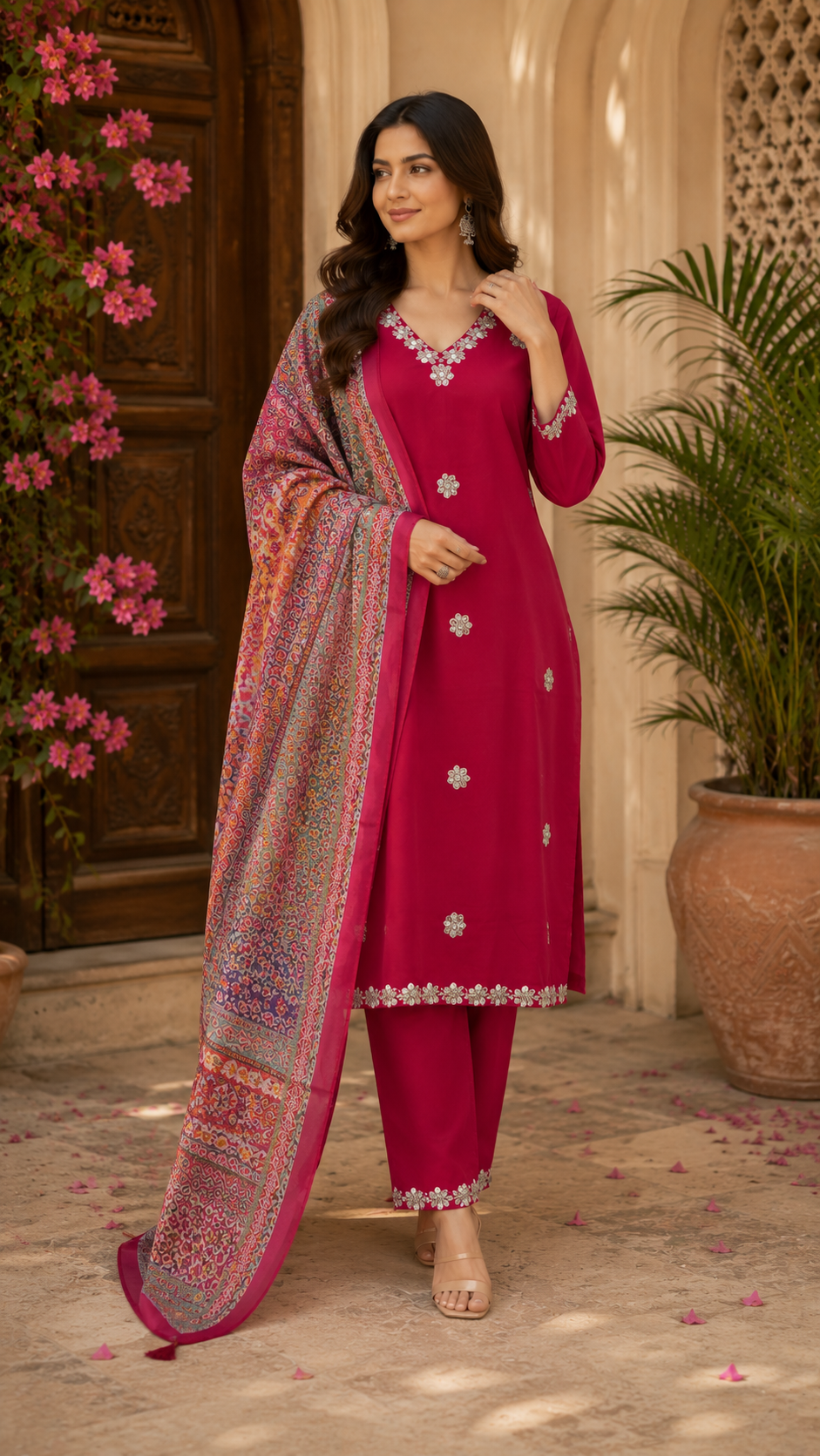 Fancy cotton kurti, bottom and designer dupatta set