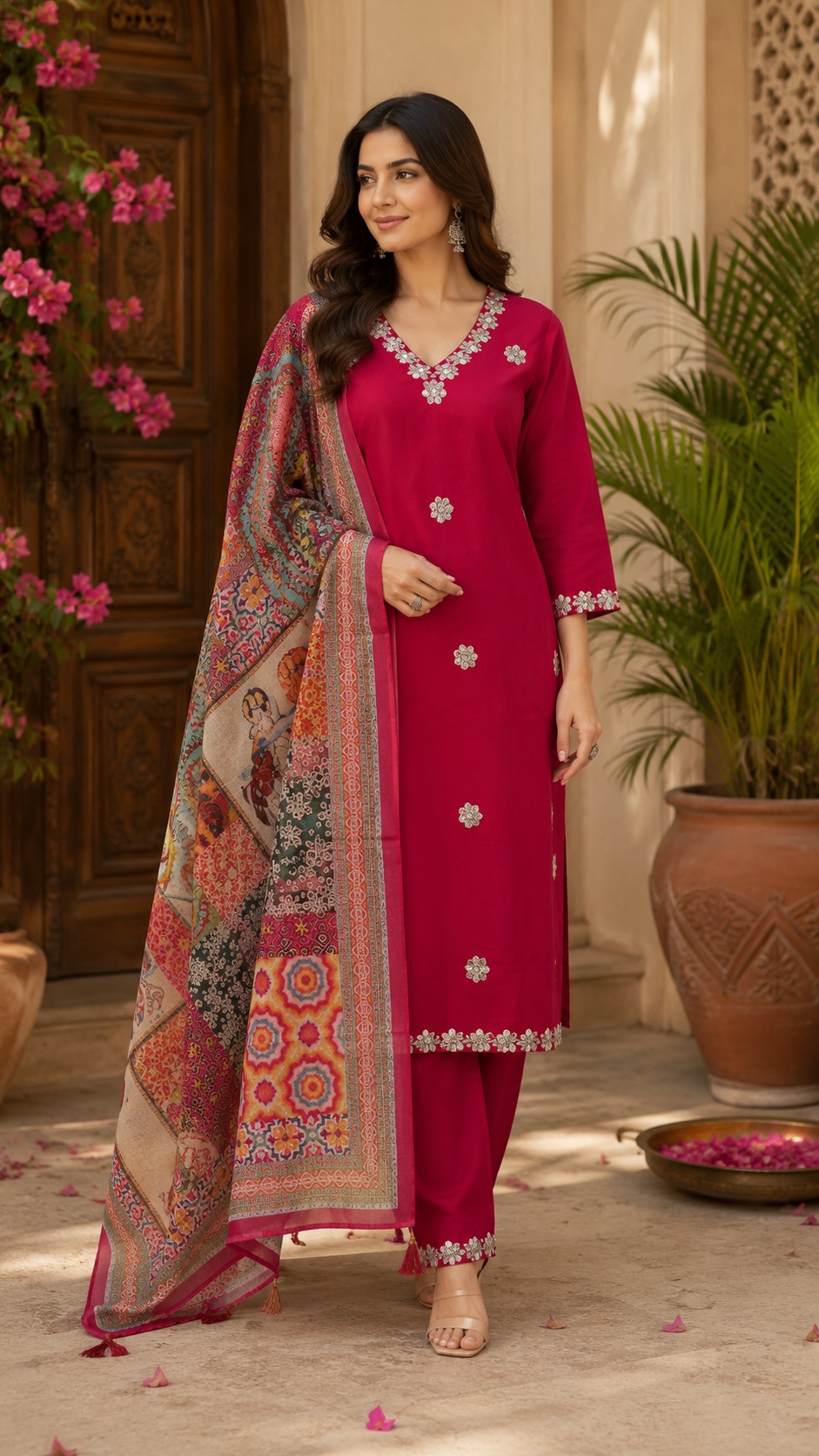 Fancy cotton kurti, bottom and designer dupatta set