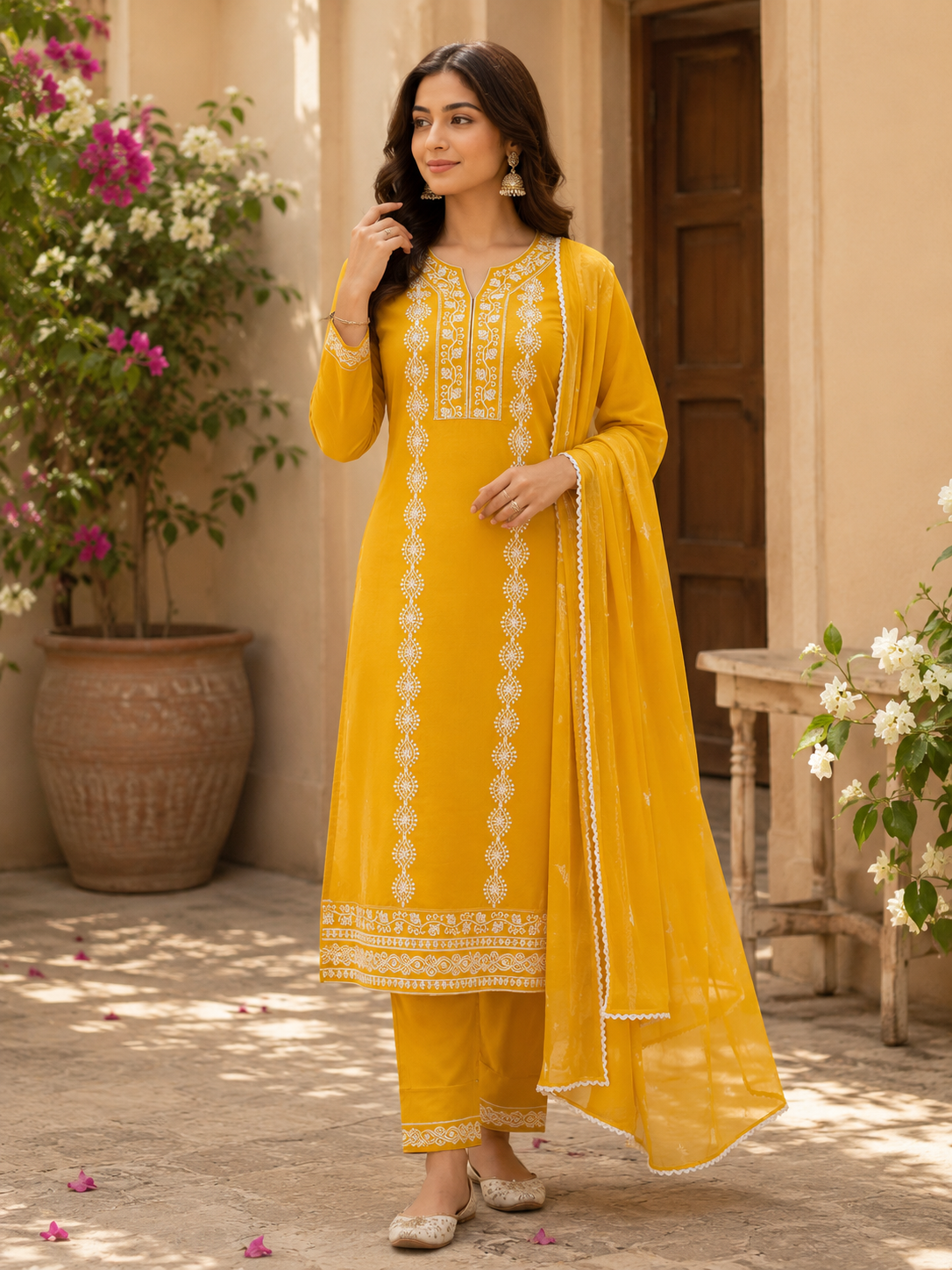 Pure cotton designer embroidered kurti , pant and chiffon dupatta set