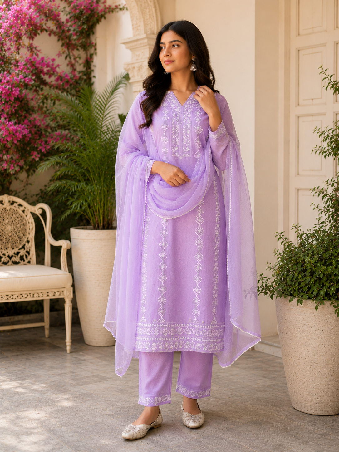 Pure cotton designer embroidered kurti , pant and chiffon dupatta set