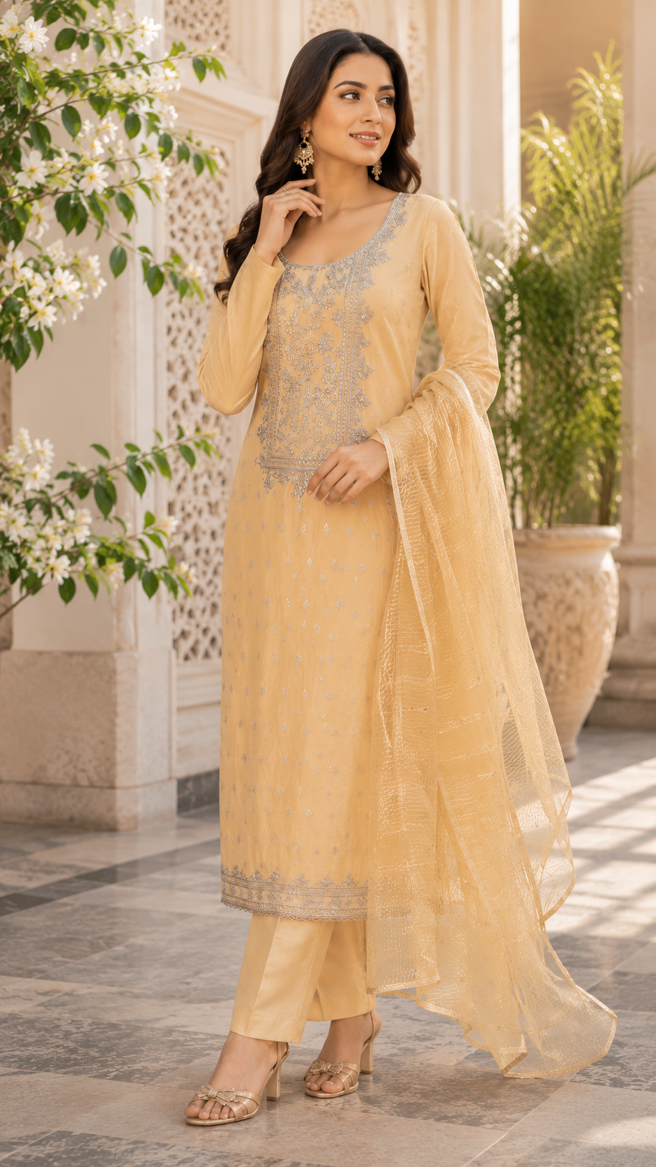Modal silk golden shade jaquard weaving suit
