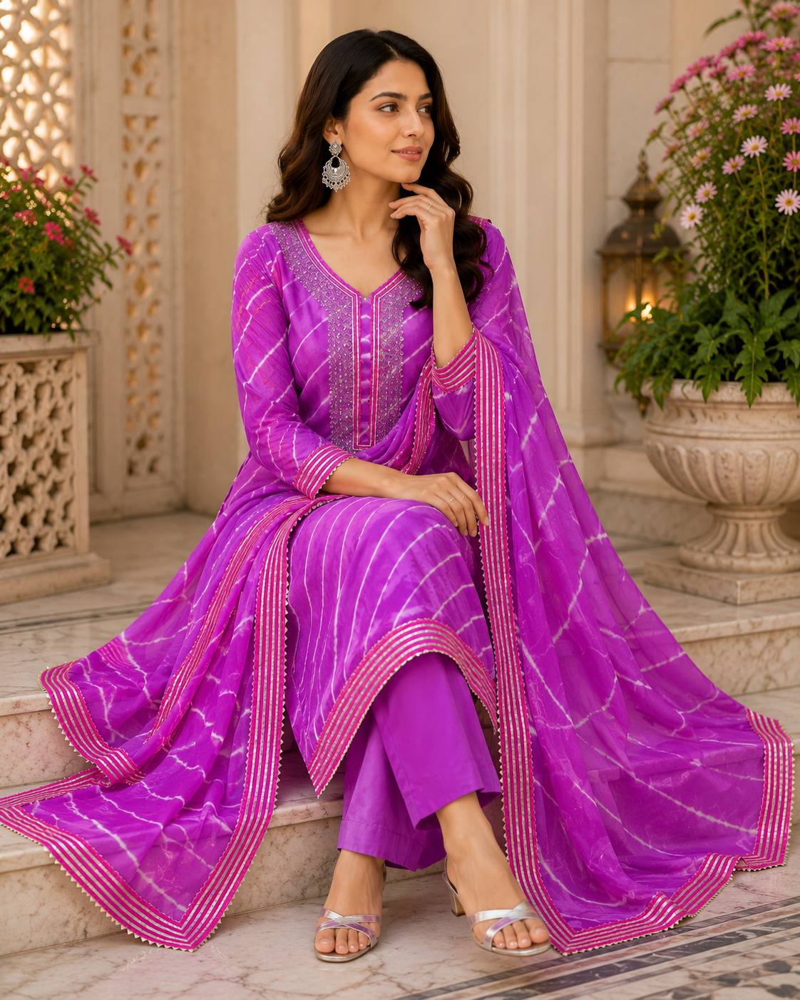 Jaipuri lehriya chinon silk suit