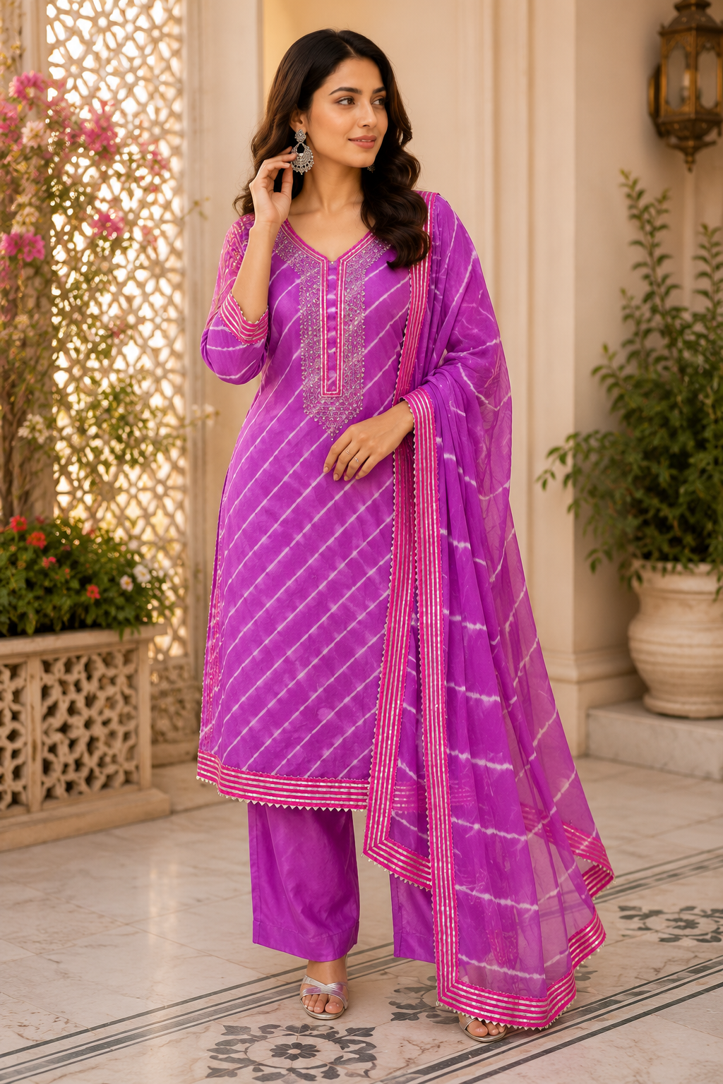 Jaipuri lehriya chinon silk suit