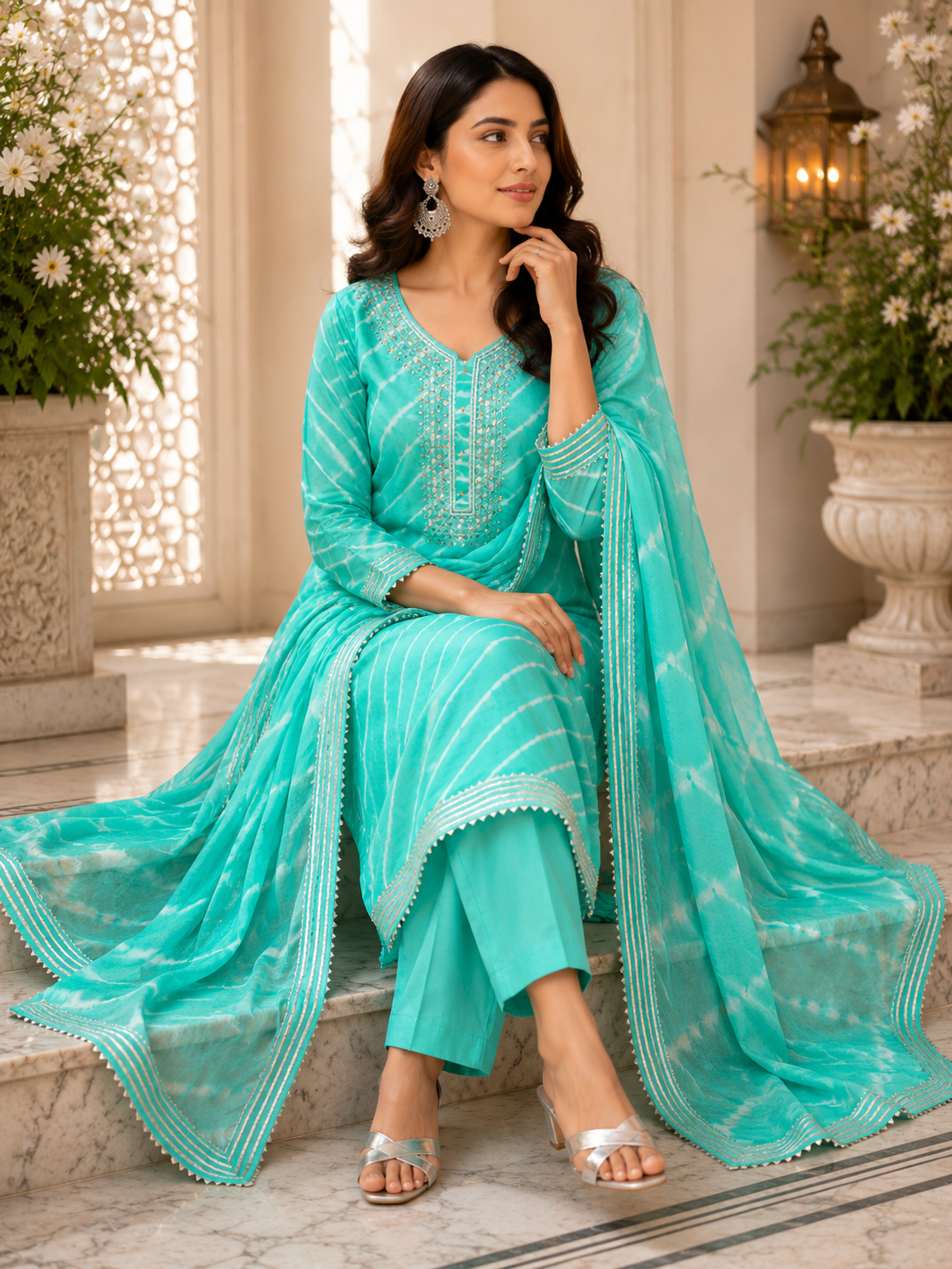 Jaipuri lehriya chinon silk suit