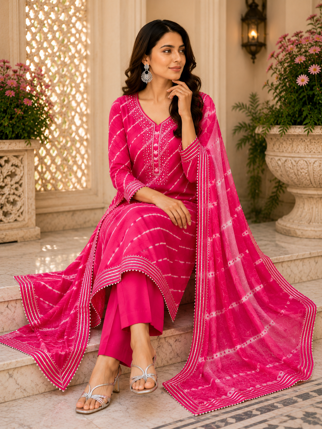 Jaipuri lehriya chinon silk suit