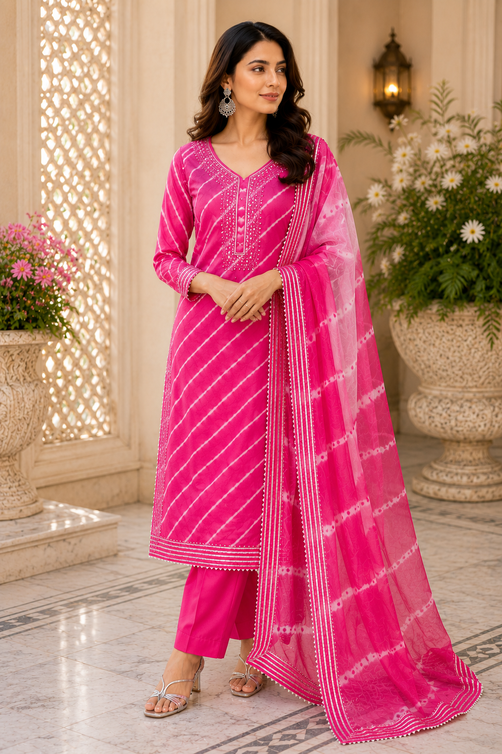 Jaipuri lehriya chinon silk suit