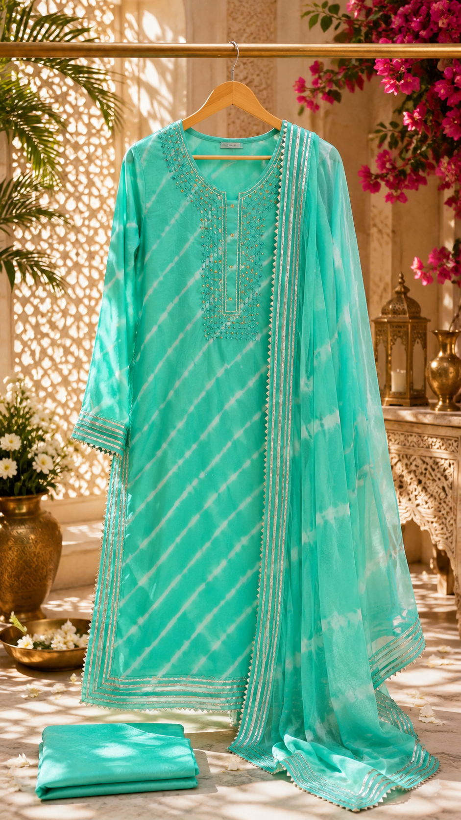 Jaipuri lehriya chinon silk suit