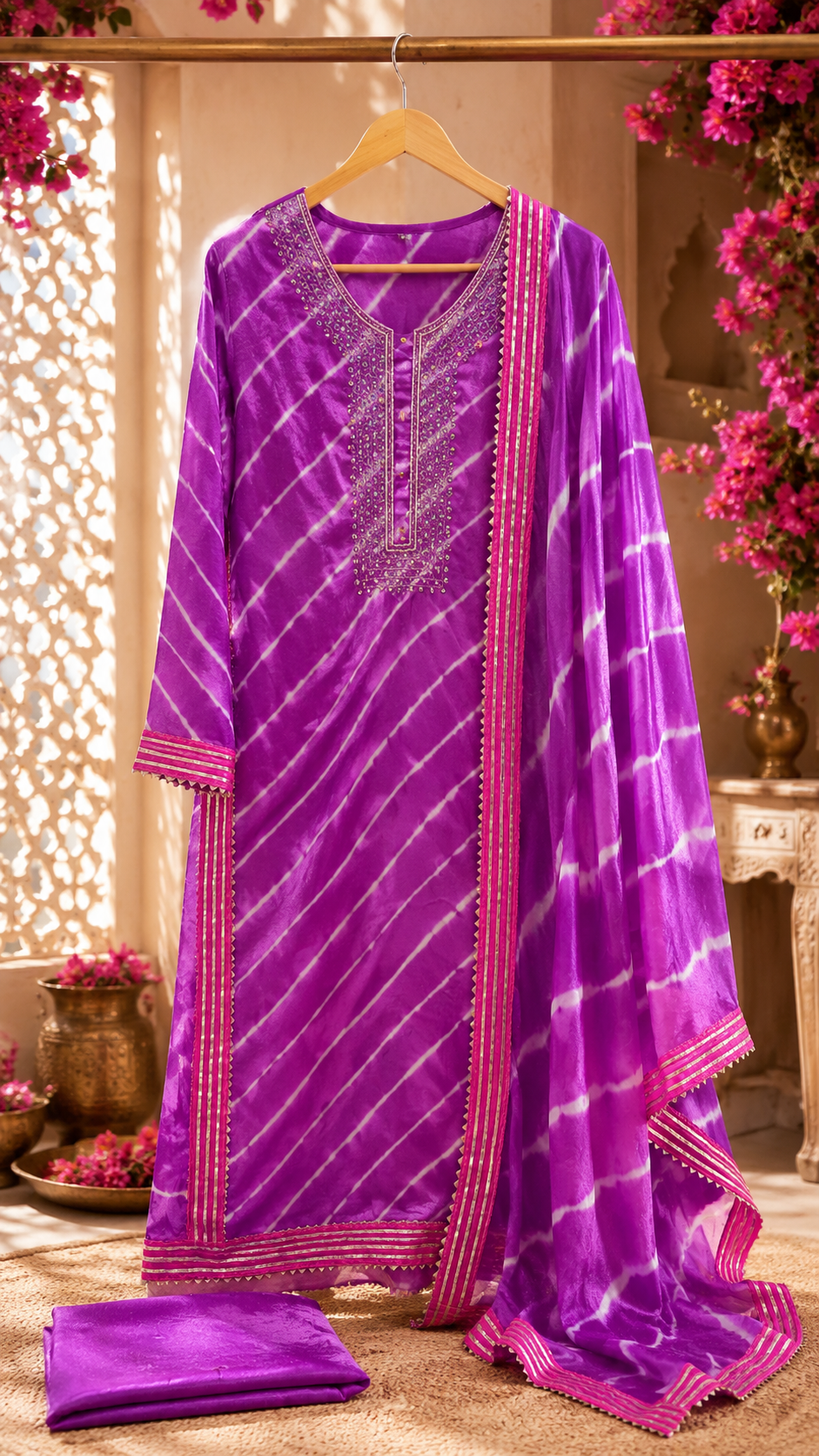 Jaipuri lehriya chinon silk suit