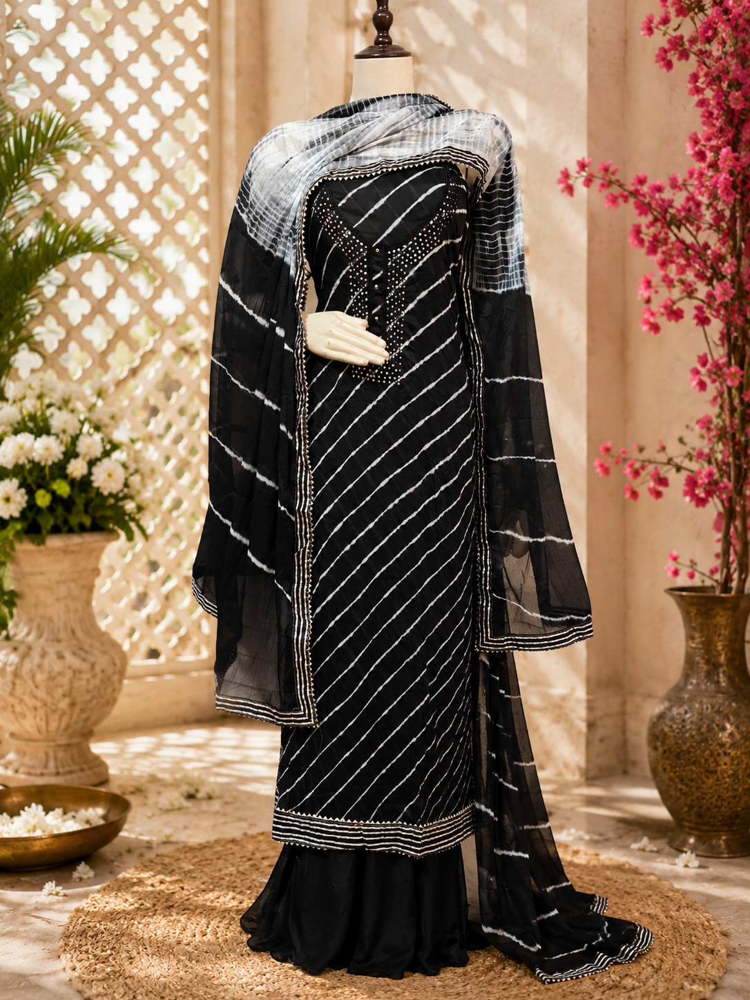 Jaipuri lehriya chinon silk suit